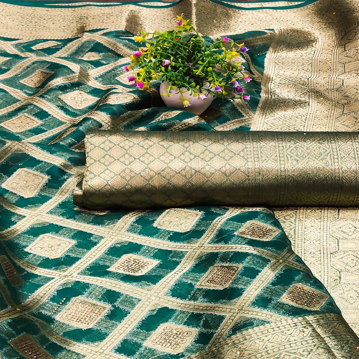 Morpich Green Woven With Stonework Organza Jacquard Saree