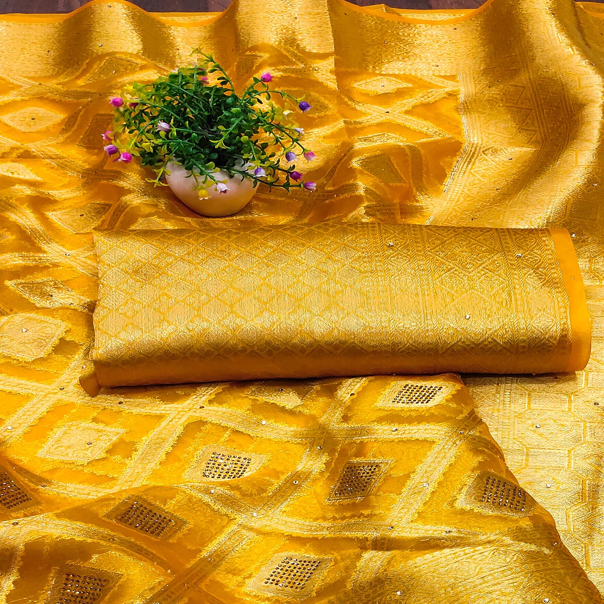 Mustard Woven With Stonework Organza Jacquard Saree