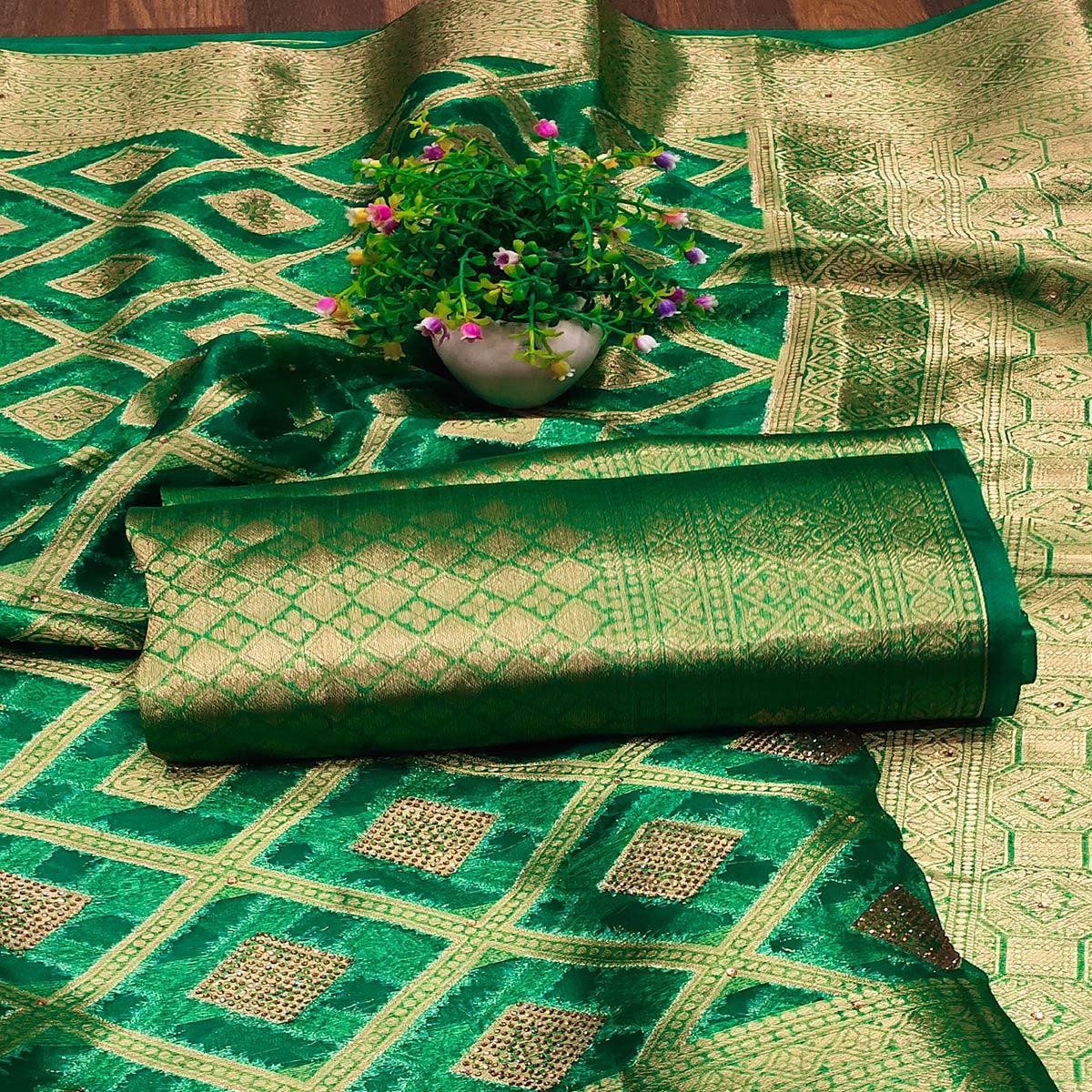 Green Woven With Stonework Organza Jacquard Saree