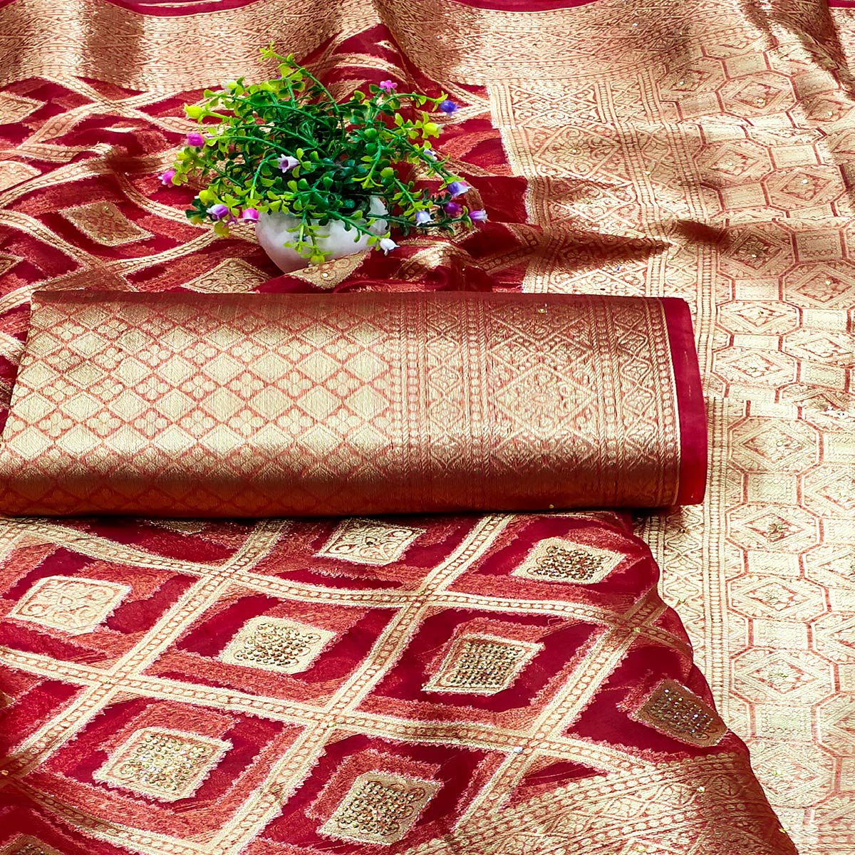 Cherry Red Woven With Stonework Organza Jacquard Saree