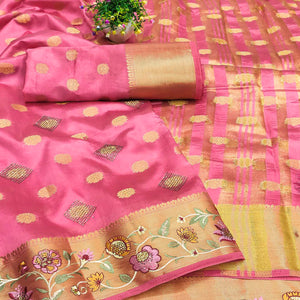 Pink Zari Woven Jacquard Saree With Embroidery Border