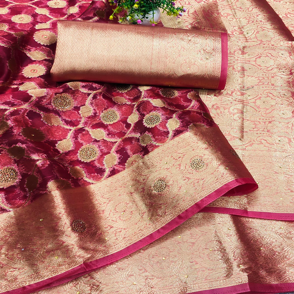 Pink Stone Work Woven Organza Jacquard Saree