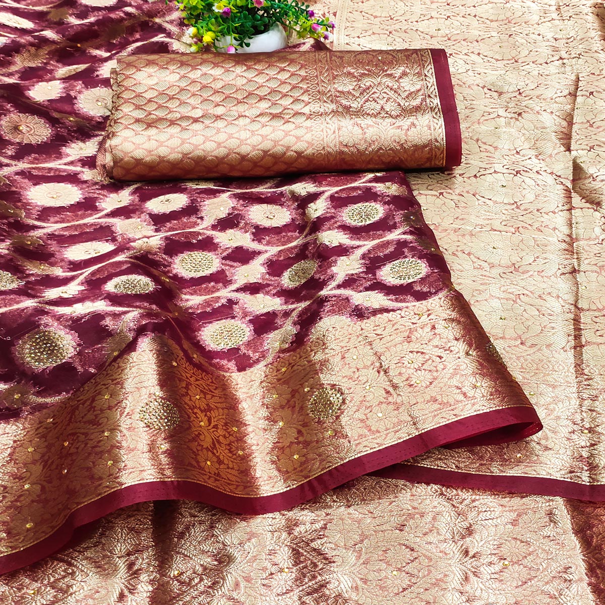 Wine Stone Work Woven Organza Jacquard Saree