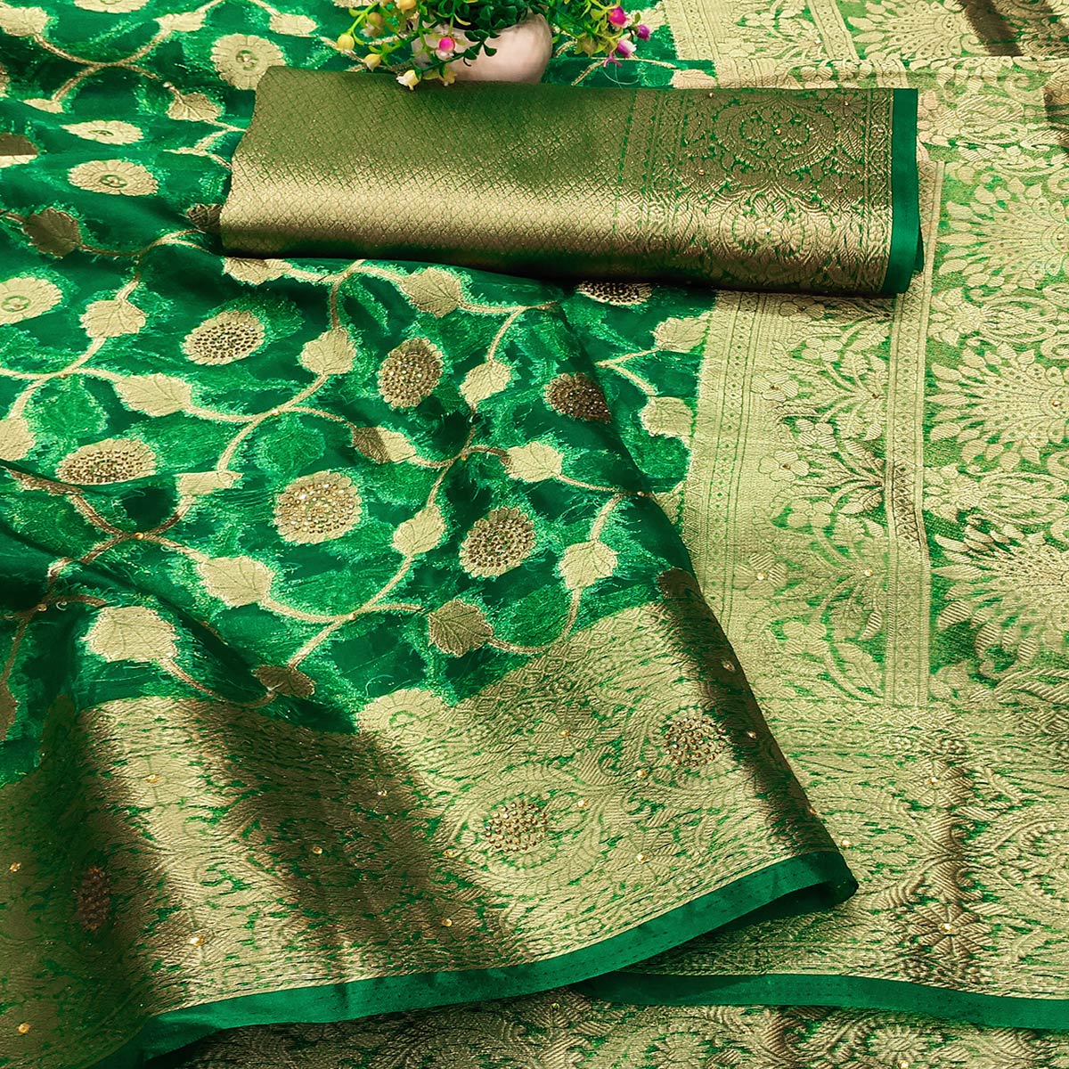 Green Stone Work Woven Organza Jacquard Saree