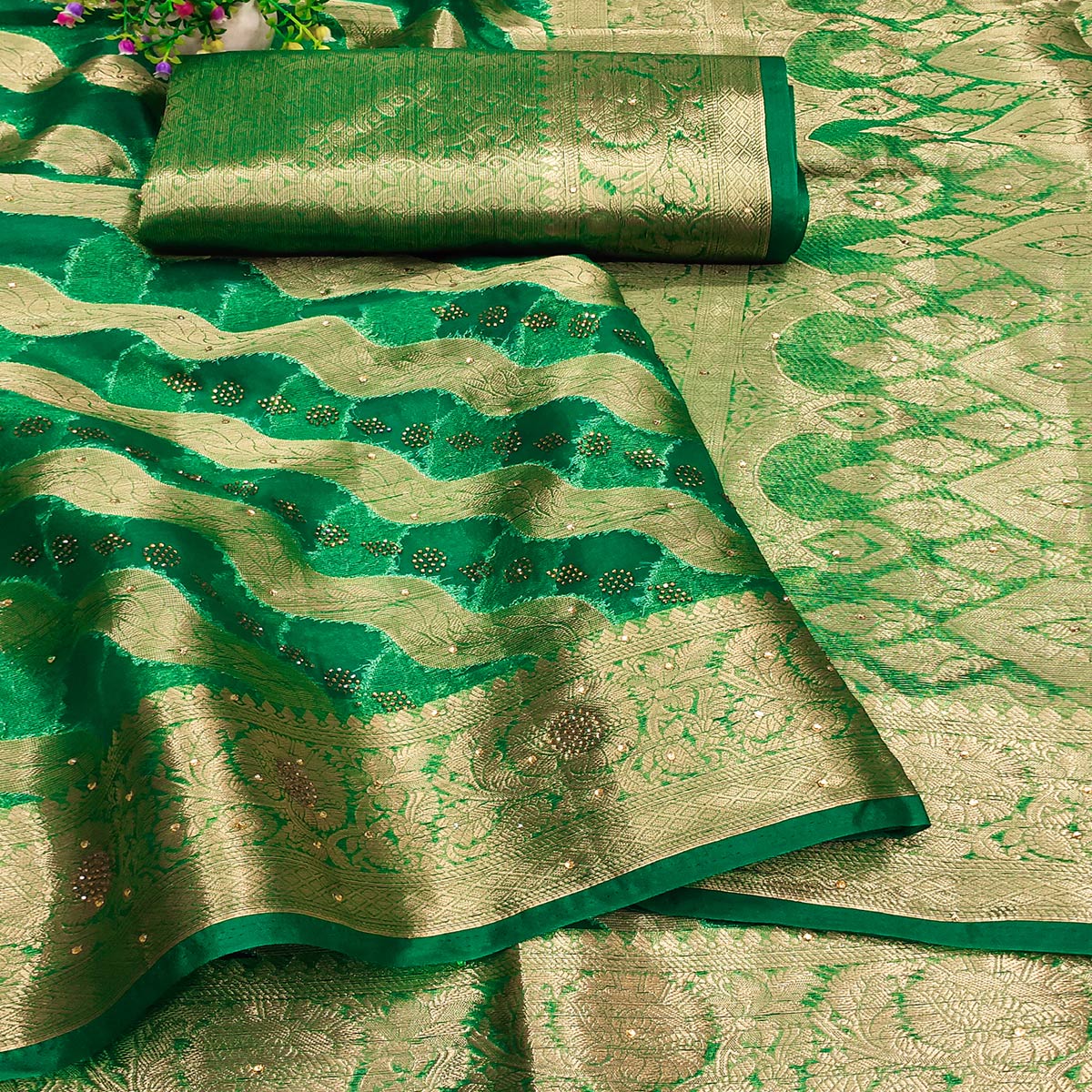 Green Stone Work Woven Organza Jacquard Saree