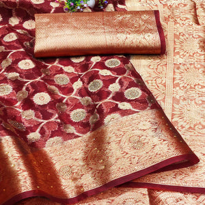 Red Stone Work Woven Organza Jacquard Saree