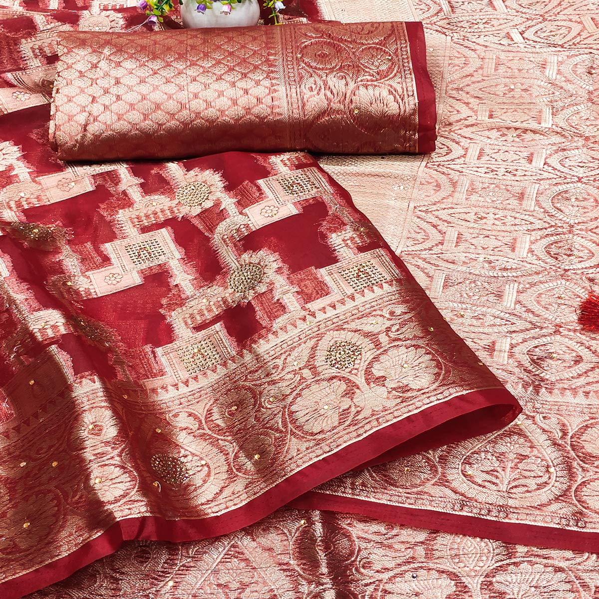 Red Stone Work Woven Organza Jacquard Saree