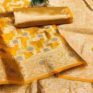 Mustard Stone Work Woven Organza Jacquard Saree