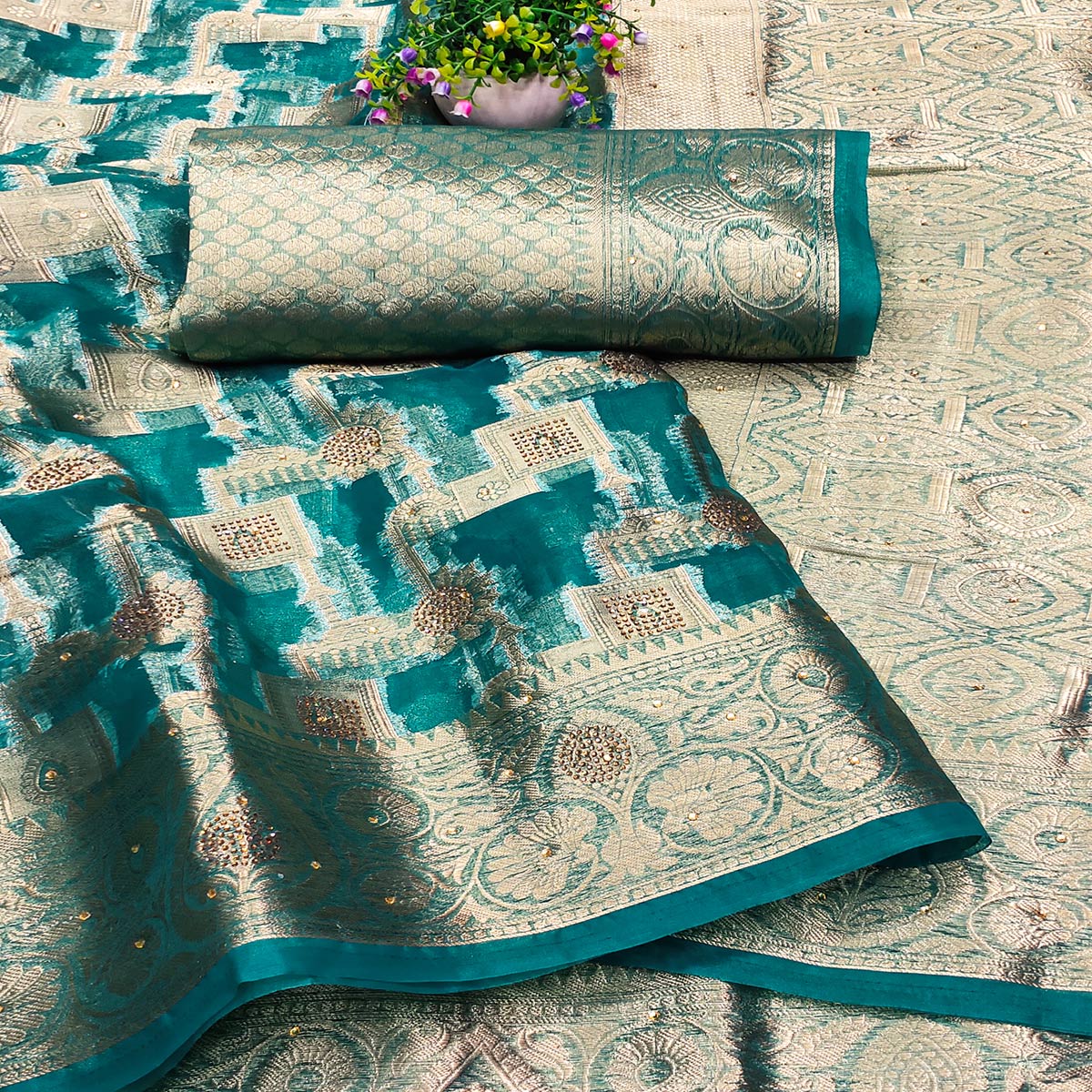 Teal Stone Work Woven Organza Jacquard Saree