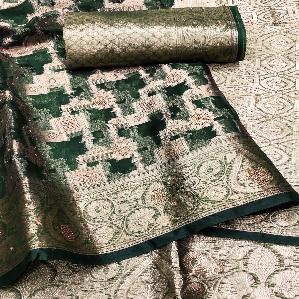 Dark Green Stone Work Woven Organza Jacquard Saree