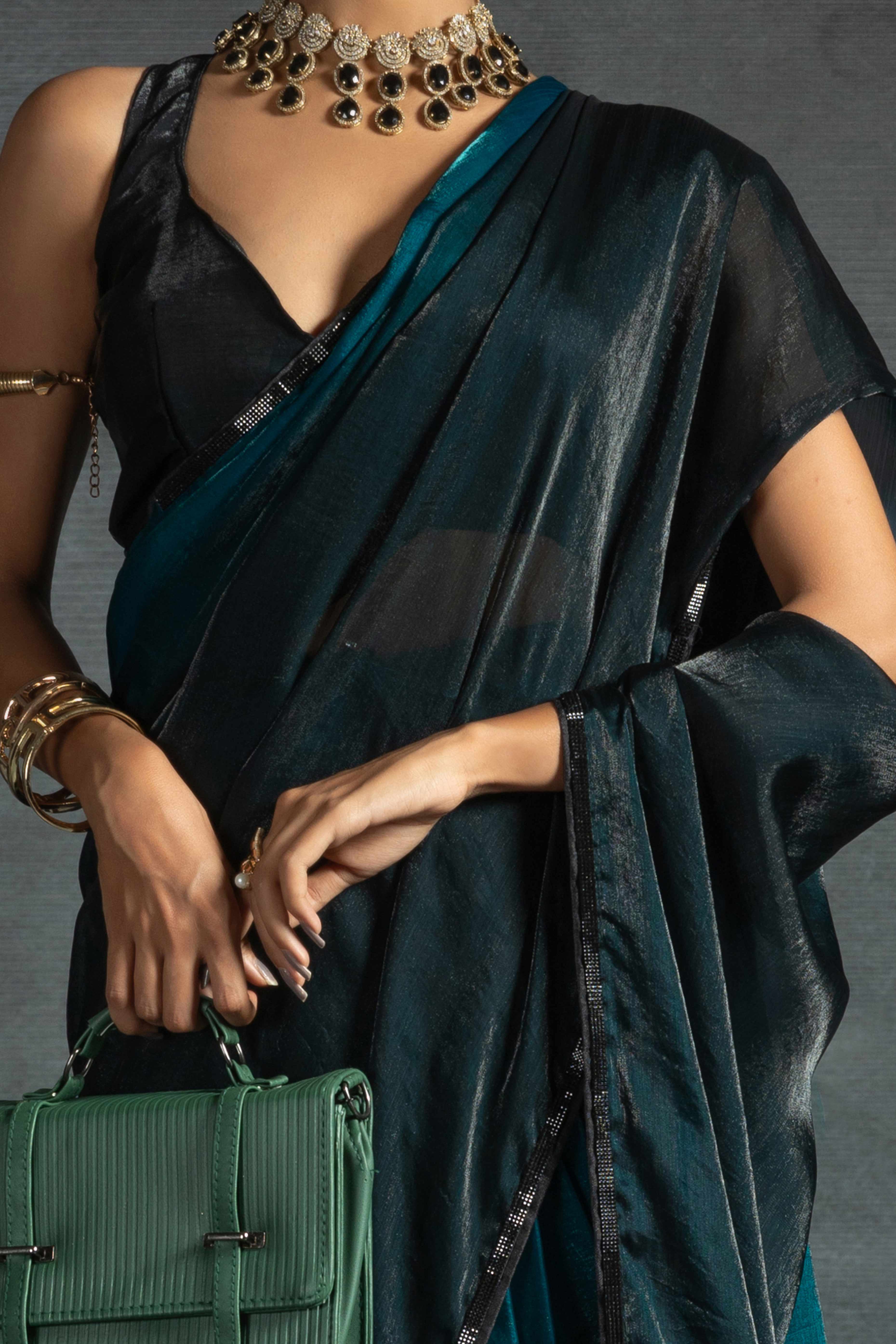 Teal Satin Ready To Wear Saree with Soft Ombre Tones and Intricate Stone Border