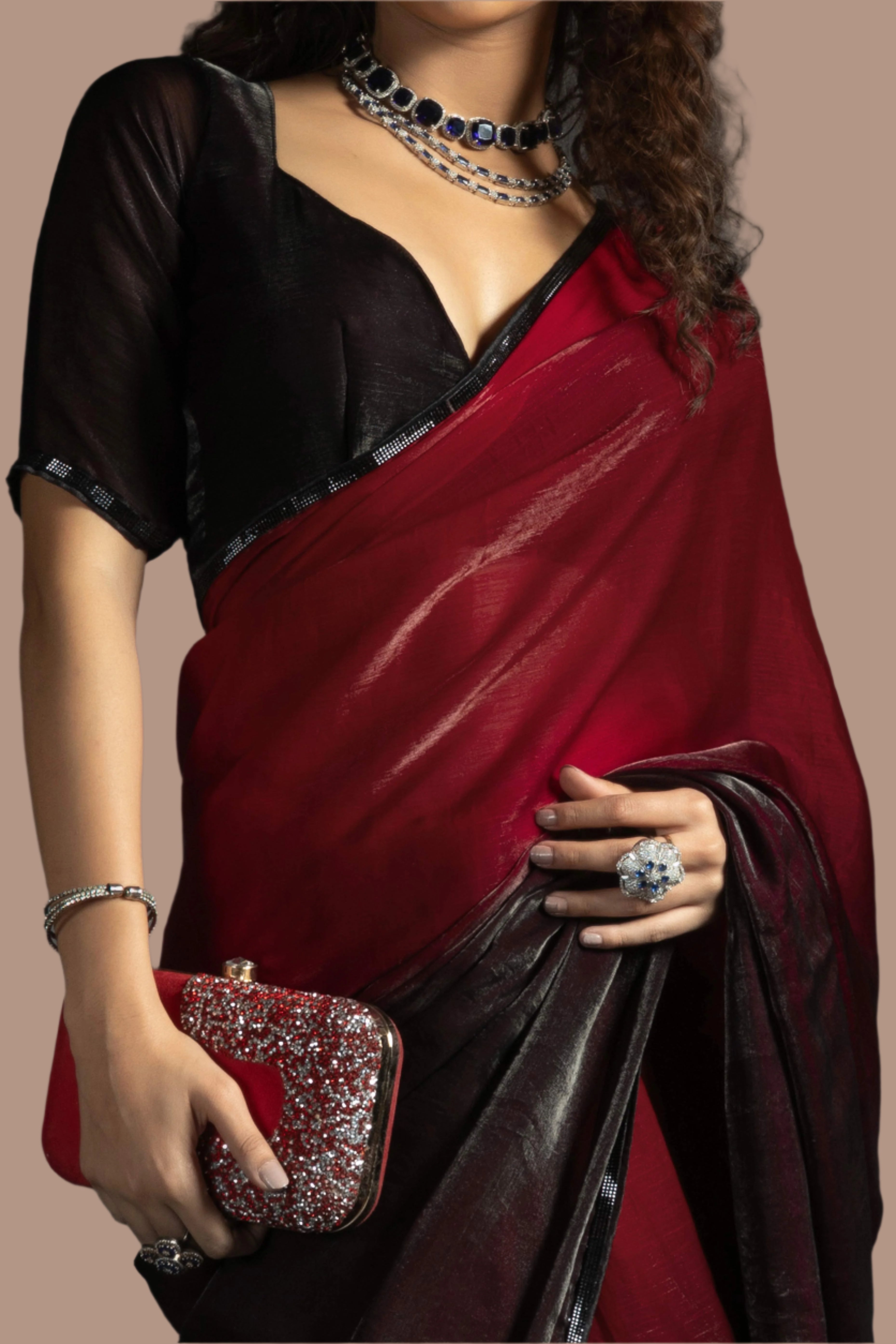 Maroon Satin Ready To Wear Saree with Soft Ombre Tones and Intricate Stone Border