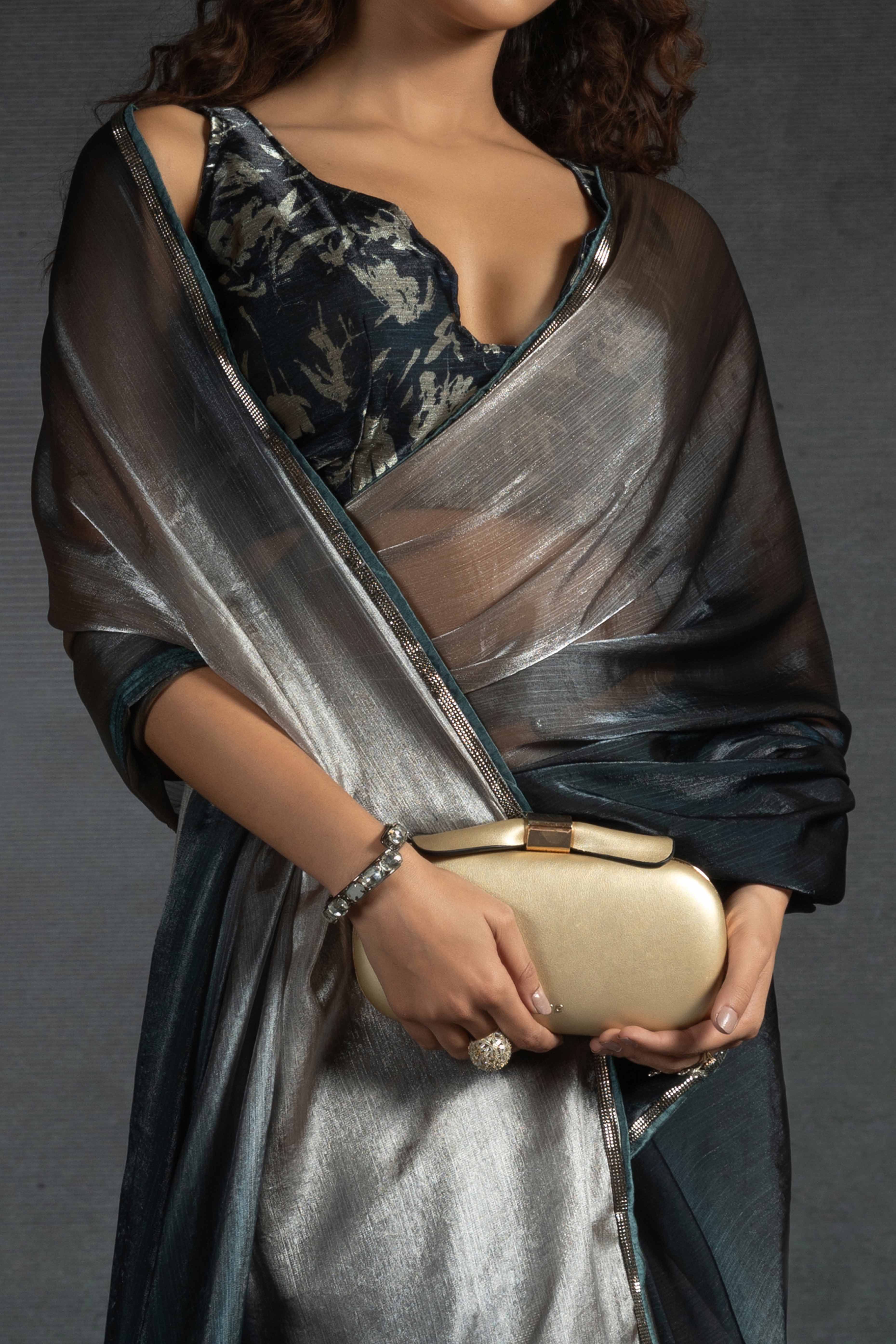 Brown Solid With Stone Work Satin Silk Ombre Ready To Wear Saree