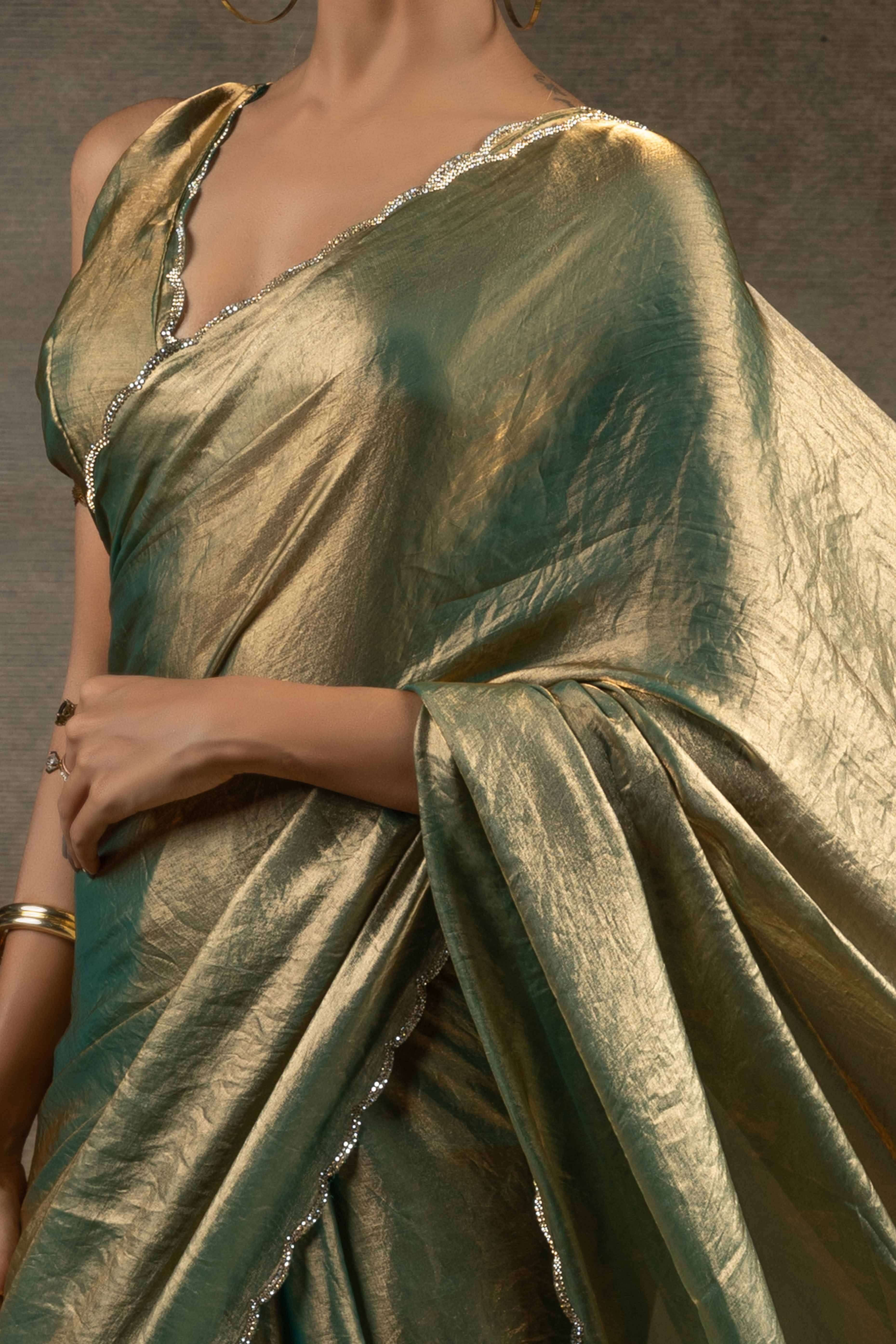 Green Solid With Diamond Work Satin Ready To Wear Saree