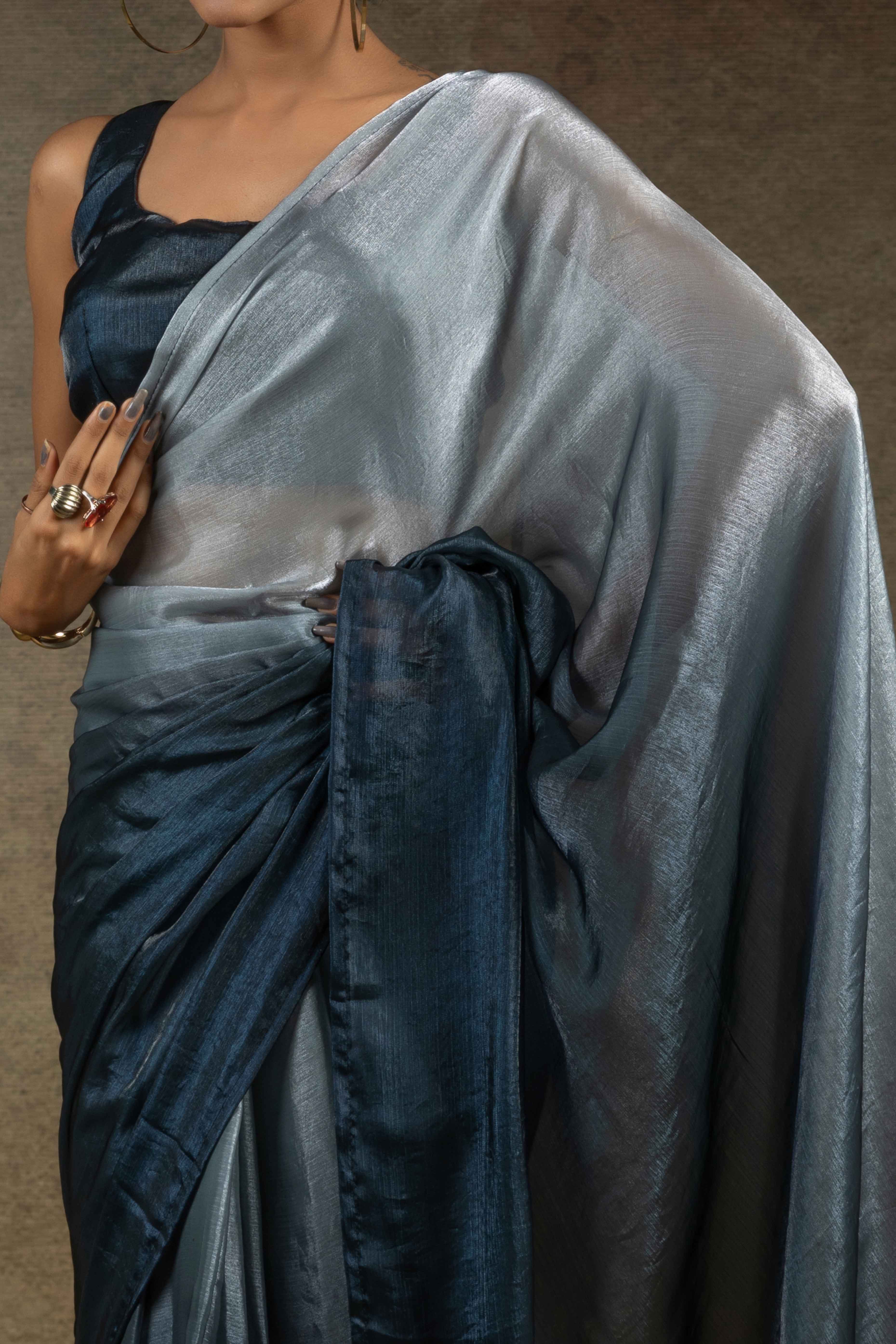 Grey & Navy Blue Ombre Satin Saree in Solid Finish with Ready-to-Wear Silhouette