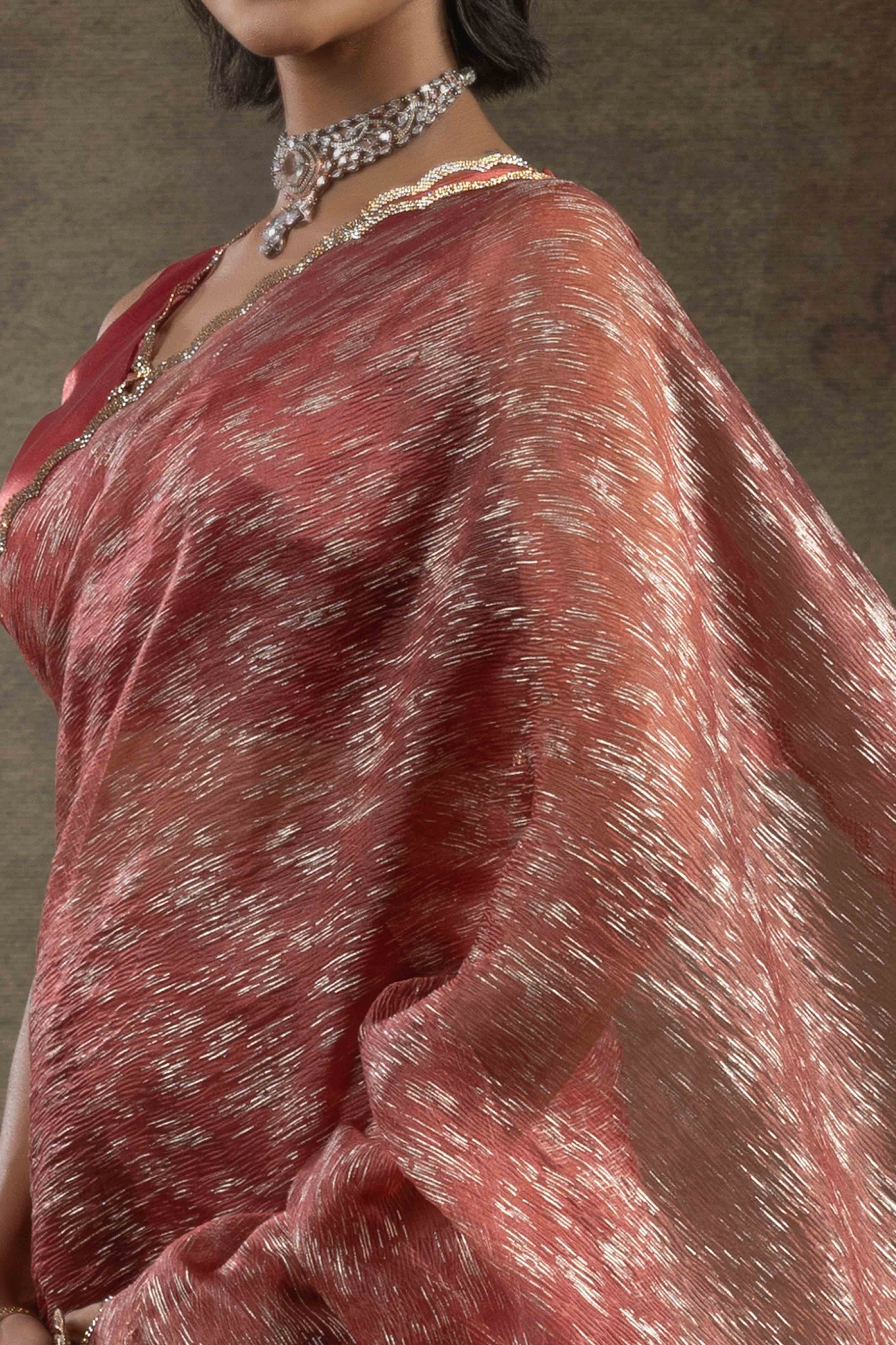 Dark Peach Crush Foil Print With Delicate Zarkan Border Organza Ready To Wear Saree