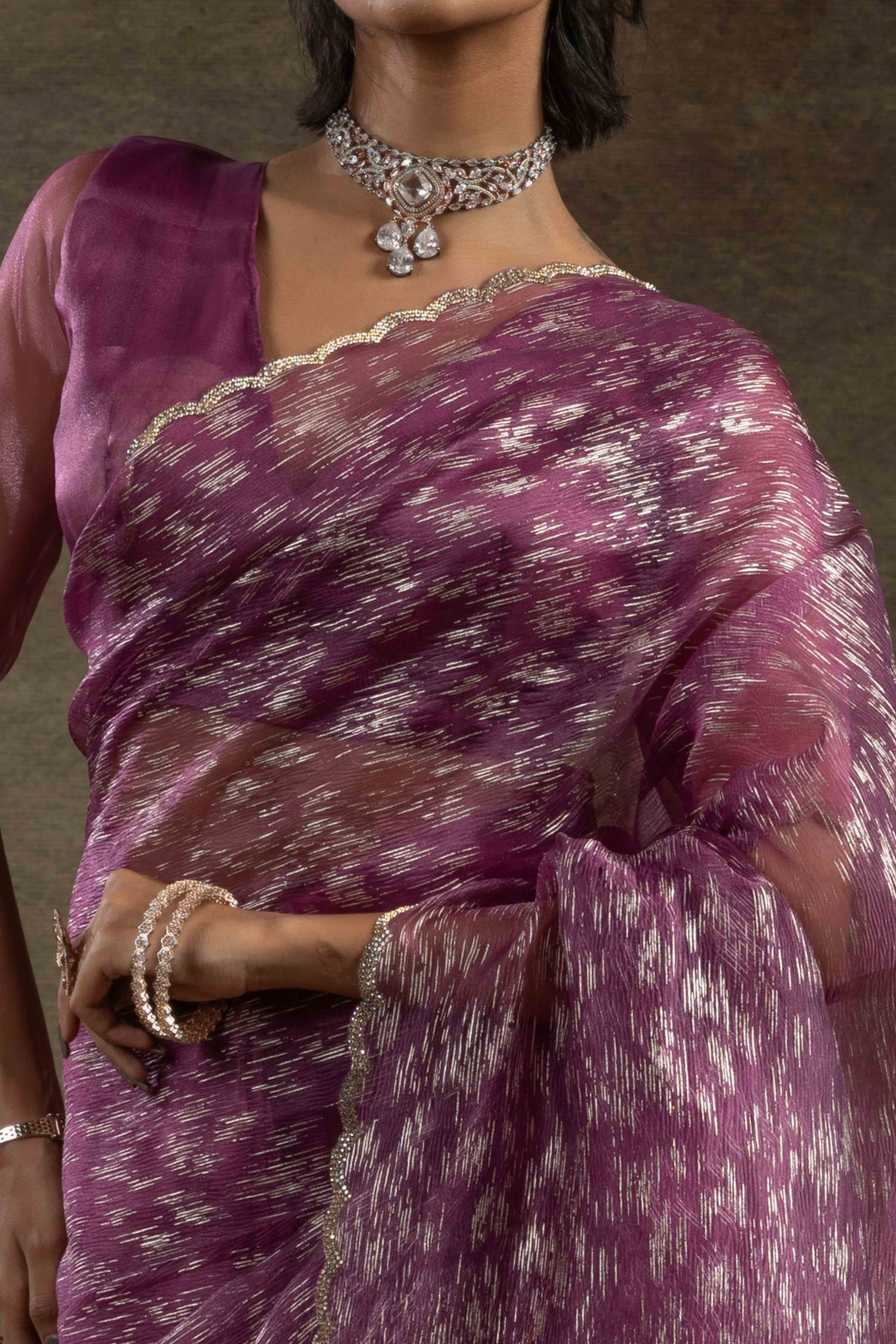Purple Crush Foil Print With Delicate Zarkan Border Organza Ready To Wear Saree