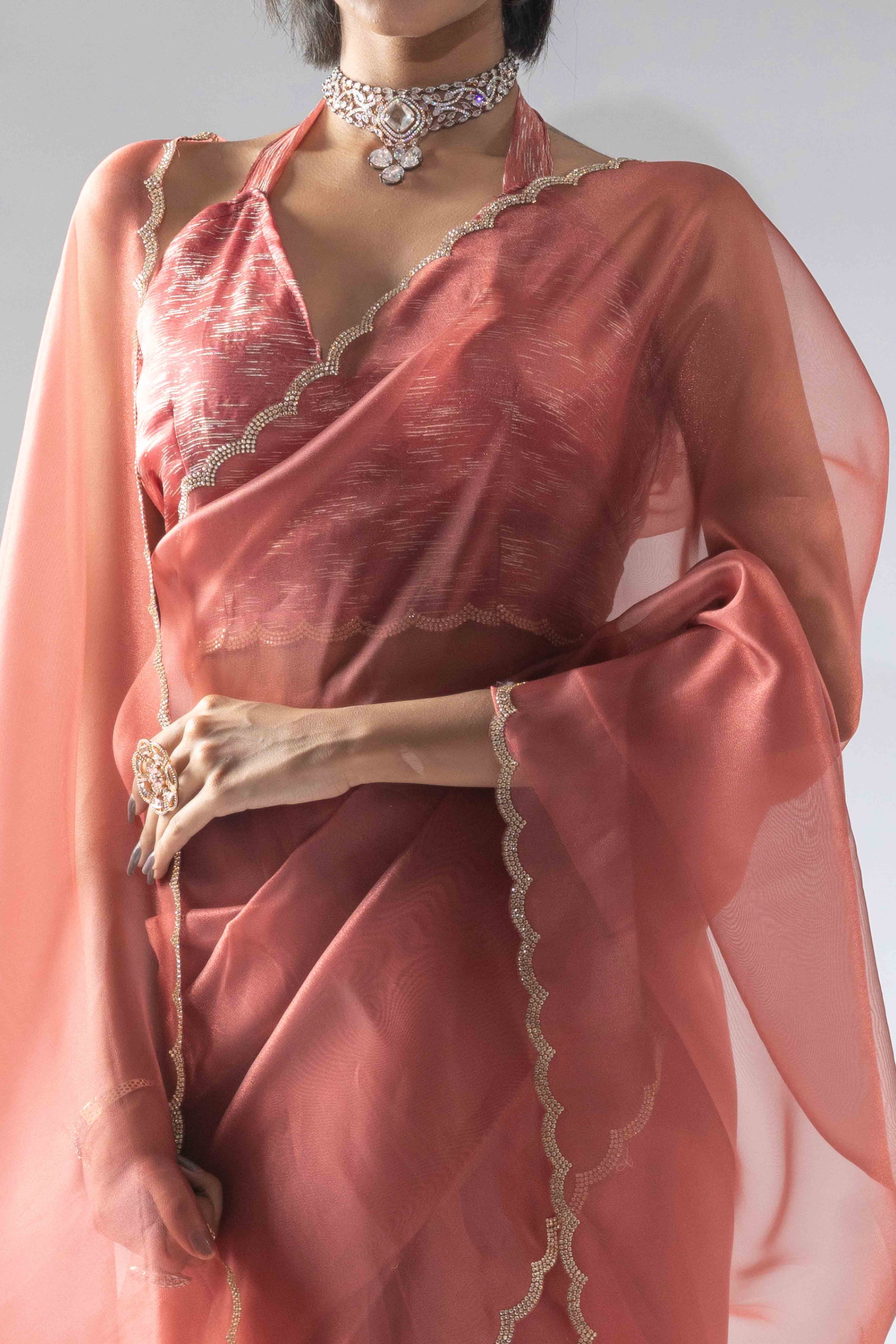Peach Solid With Intricate Zarkan Border Organza Ready To Wear Saree