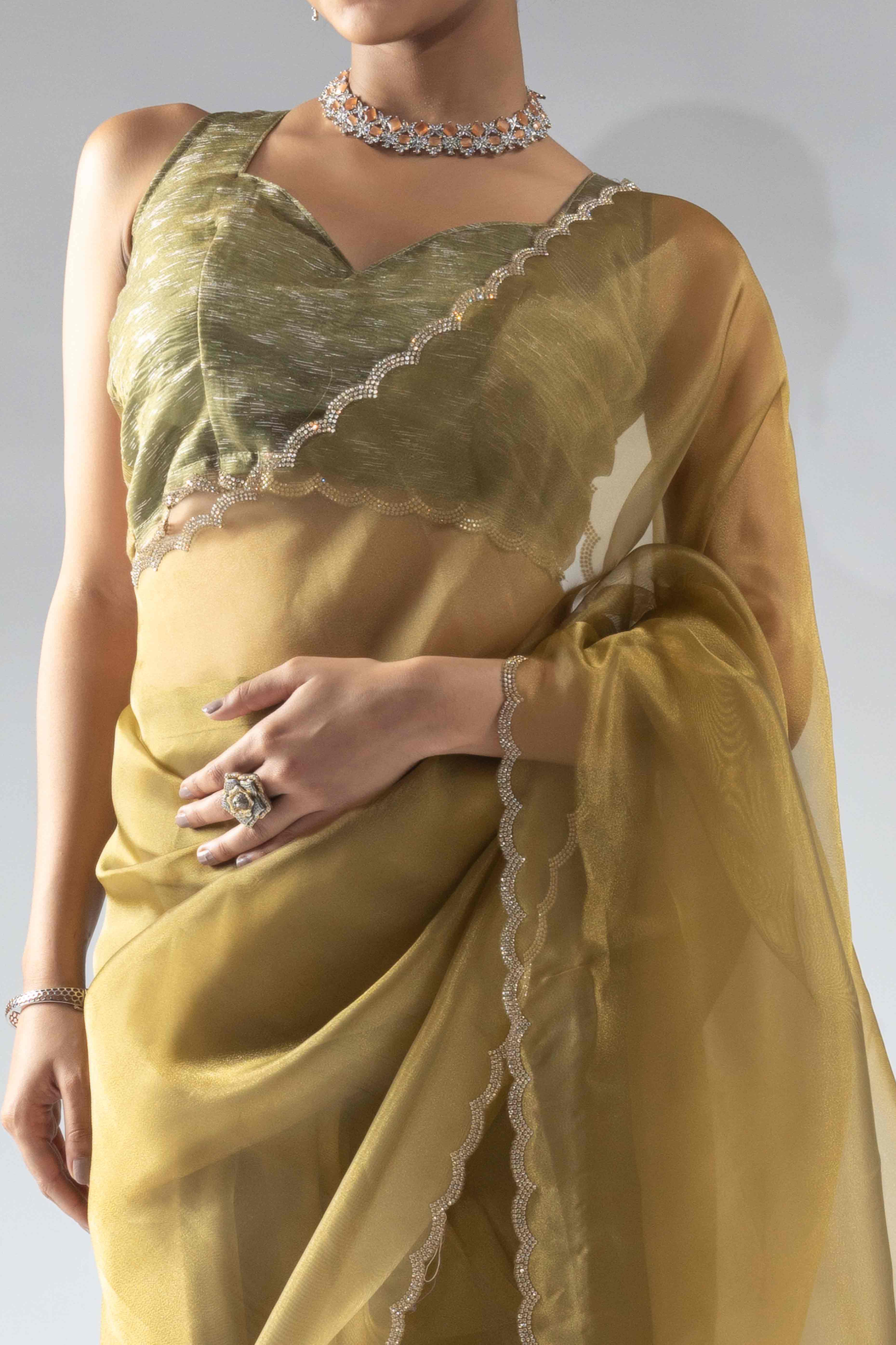 Golden Bronze  Solid With Intricate Zarkan Border Organza Ready To Wear Saree