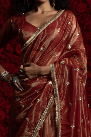 Brick Red Floral Zari Embroidered Net Organza Saree with Intricate Handwork Lace Border