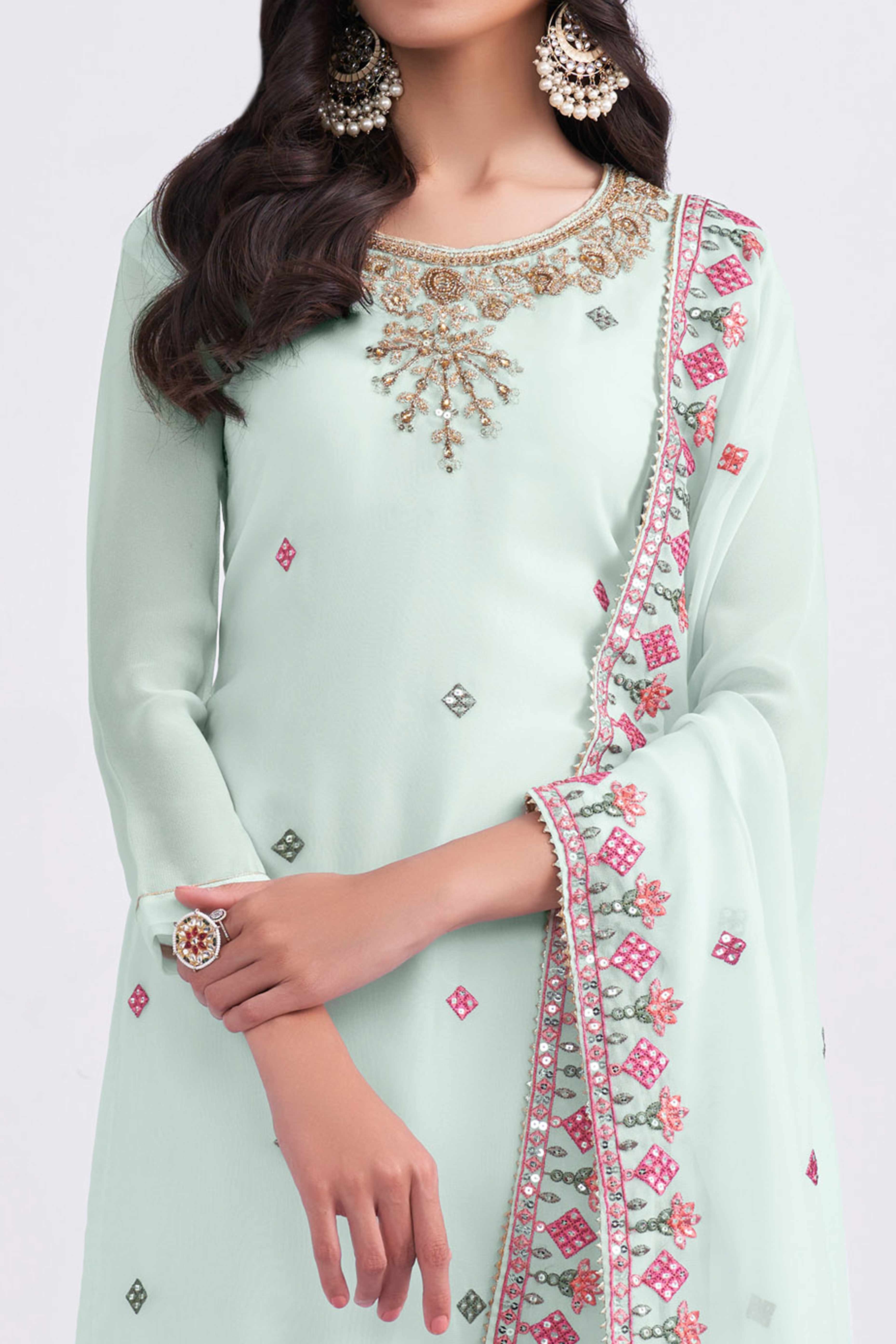 Light Blue Sequins Embroidered With Stonework Georgette Semi Stitched Suit