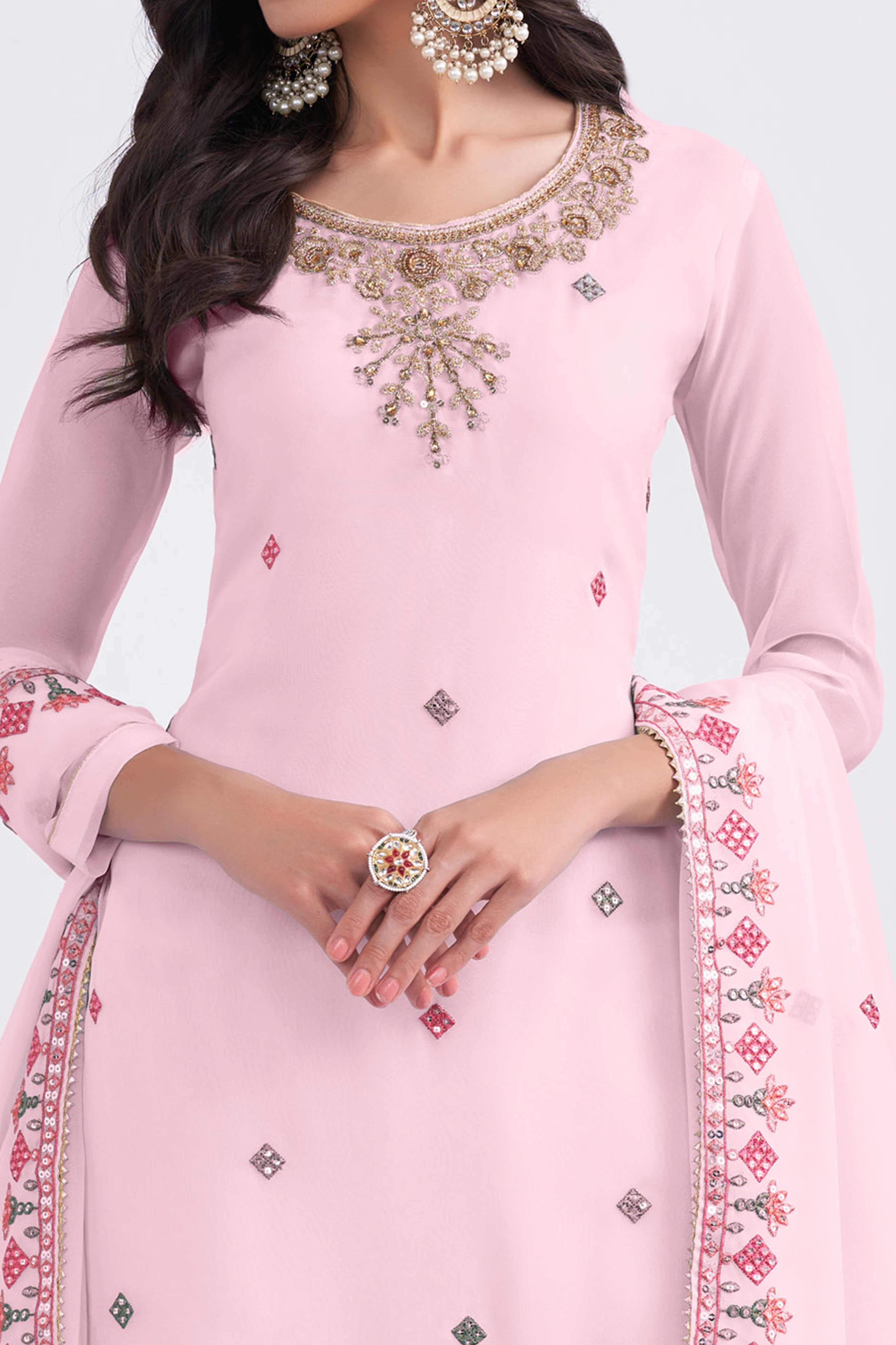 Light Pink Sequins Embroidered With Stonework Georgette Semi Stitched Suit