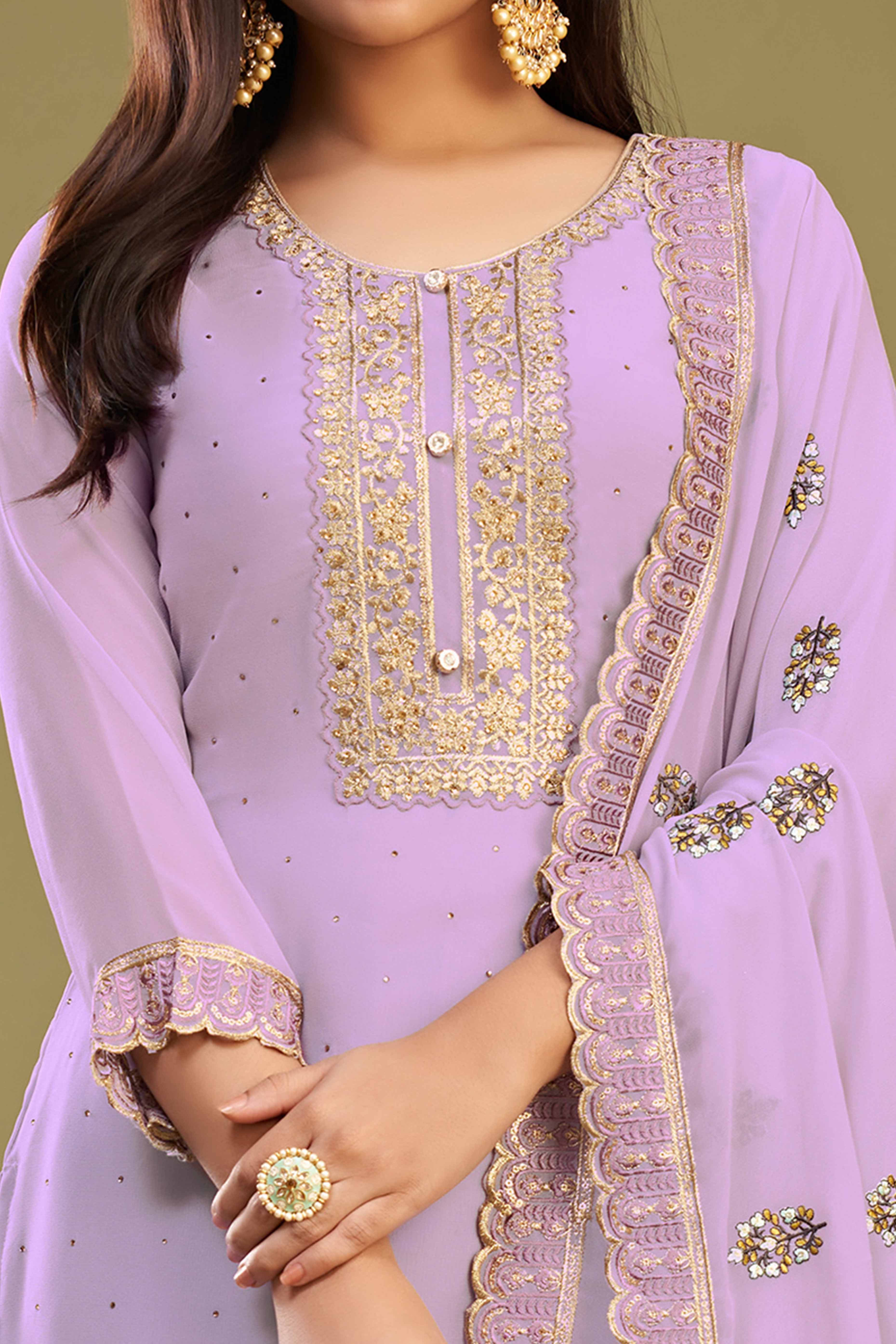 Lavender Floral Embroidery With Swarovski Work Georgette Semi Stitched Suit
