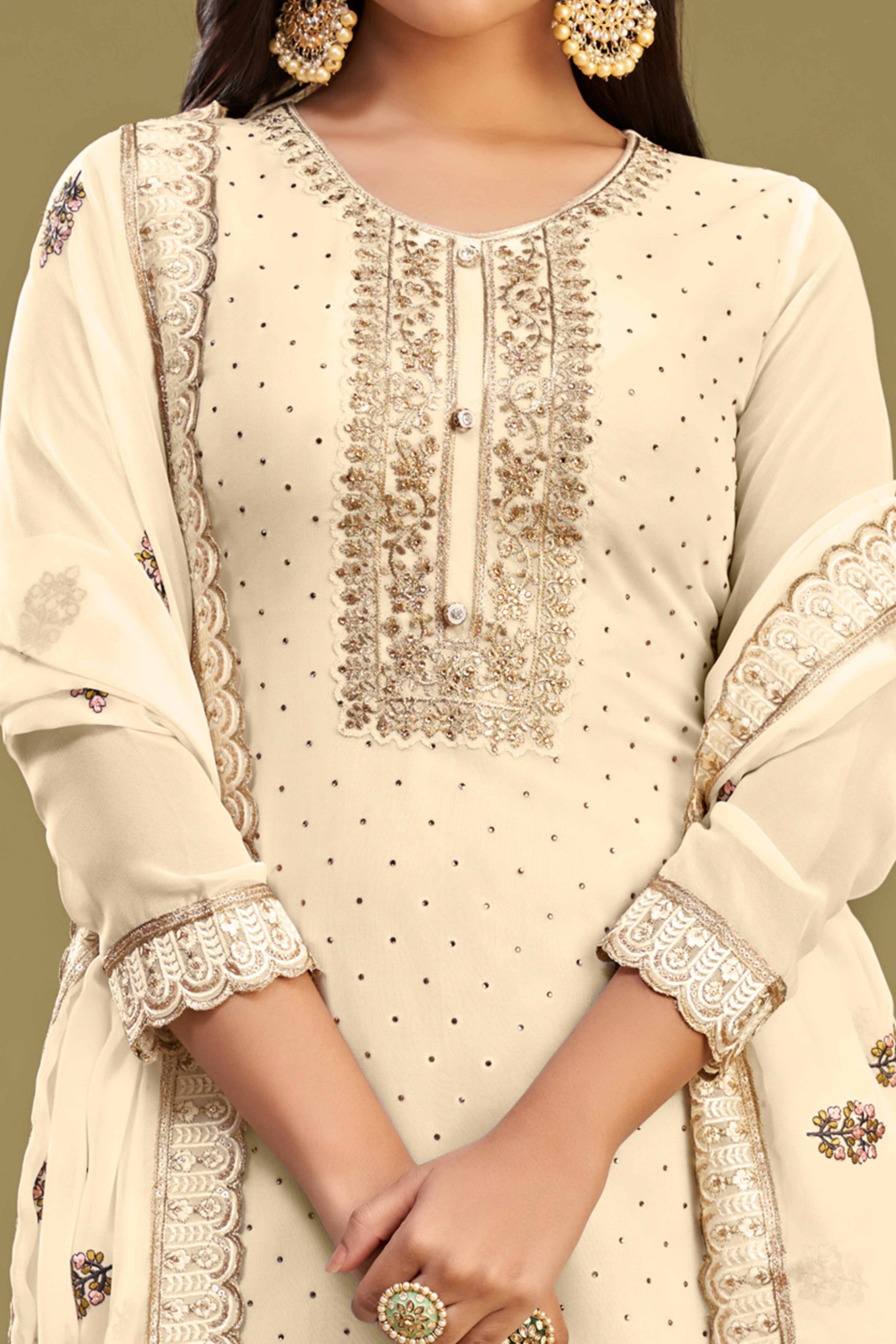 Offwhite Floral Embroidery With Swarovski Work Georgette Semi Stitched Suit