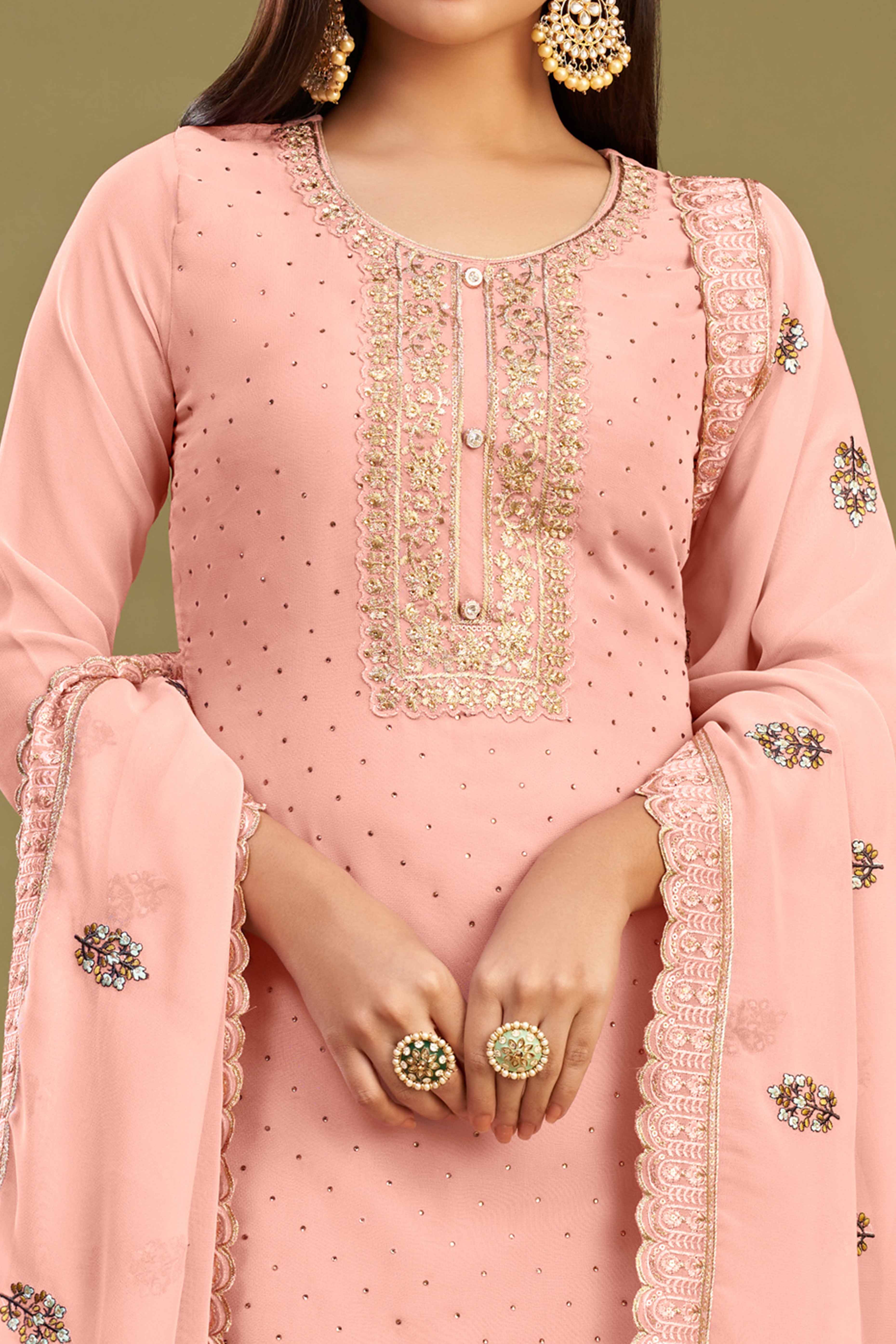 Gajari Pink Floral Embroidery With Swarovski Work Georgette Semi Stitched Suit