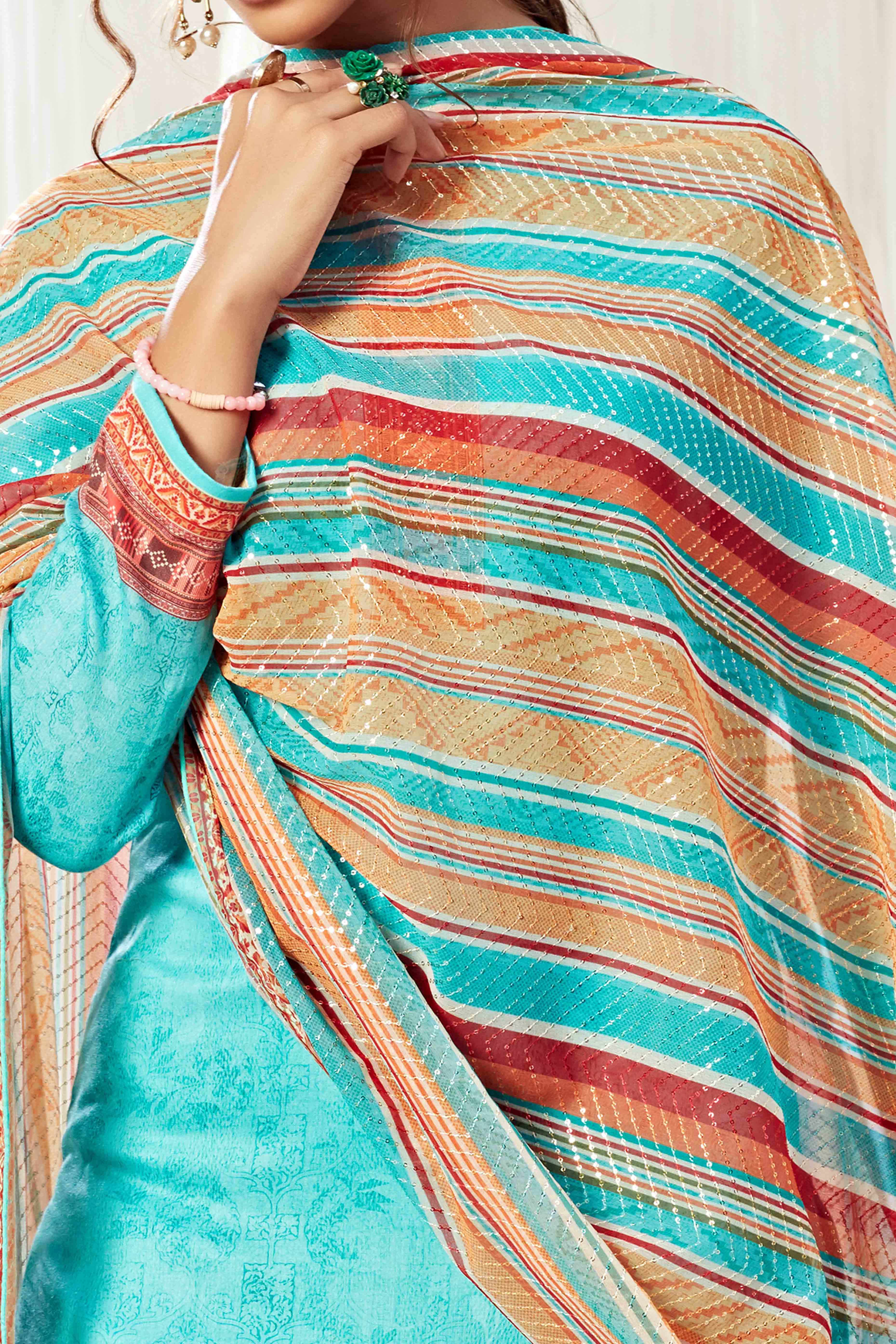 Turquoise Floral Digital Print Pure Cotton Dress Material With Sparkling Swarovski Embellishments