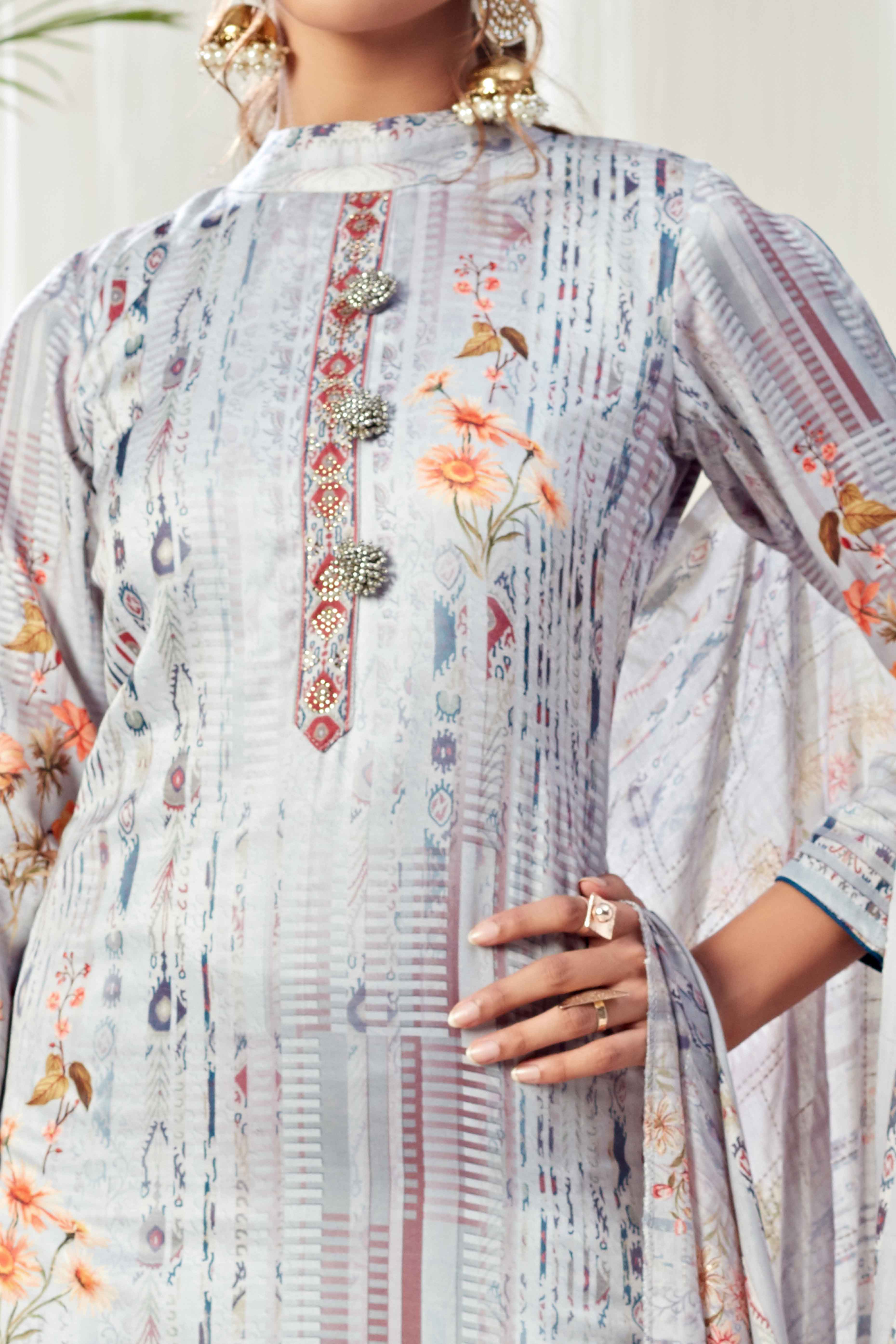 Greyish Blue Floral Digital Print Pure Cotton Dress Material With Sparkling Swarovski Embellishments