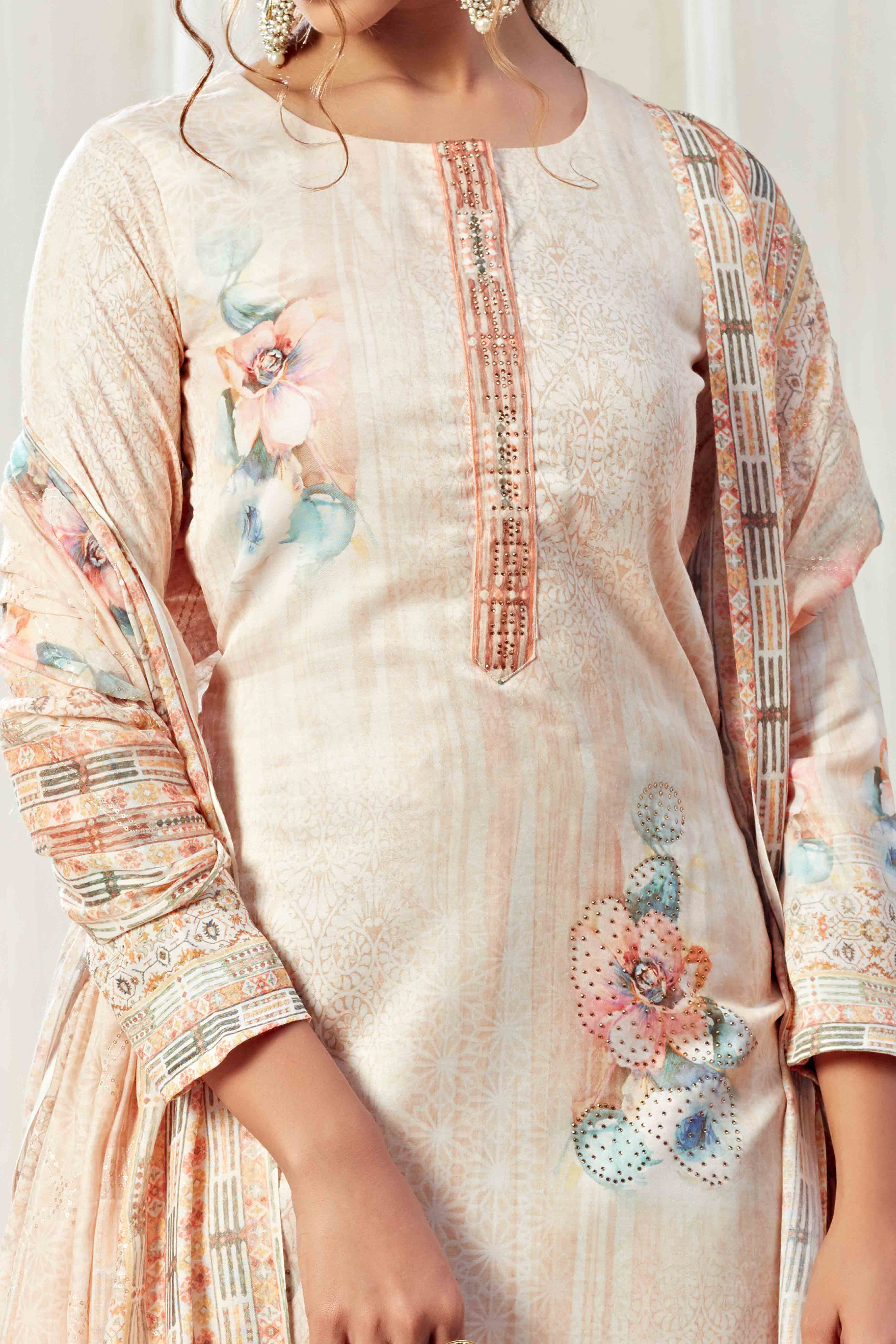 Light Peach Floral Digital Print Pure Cotton Dress Material With Sparkling Swarovski Embellishments