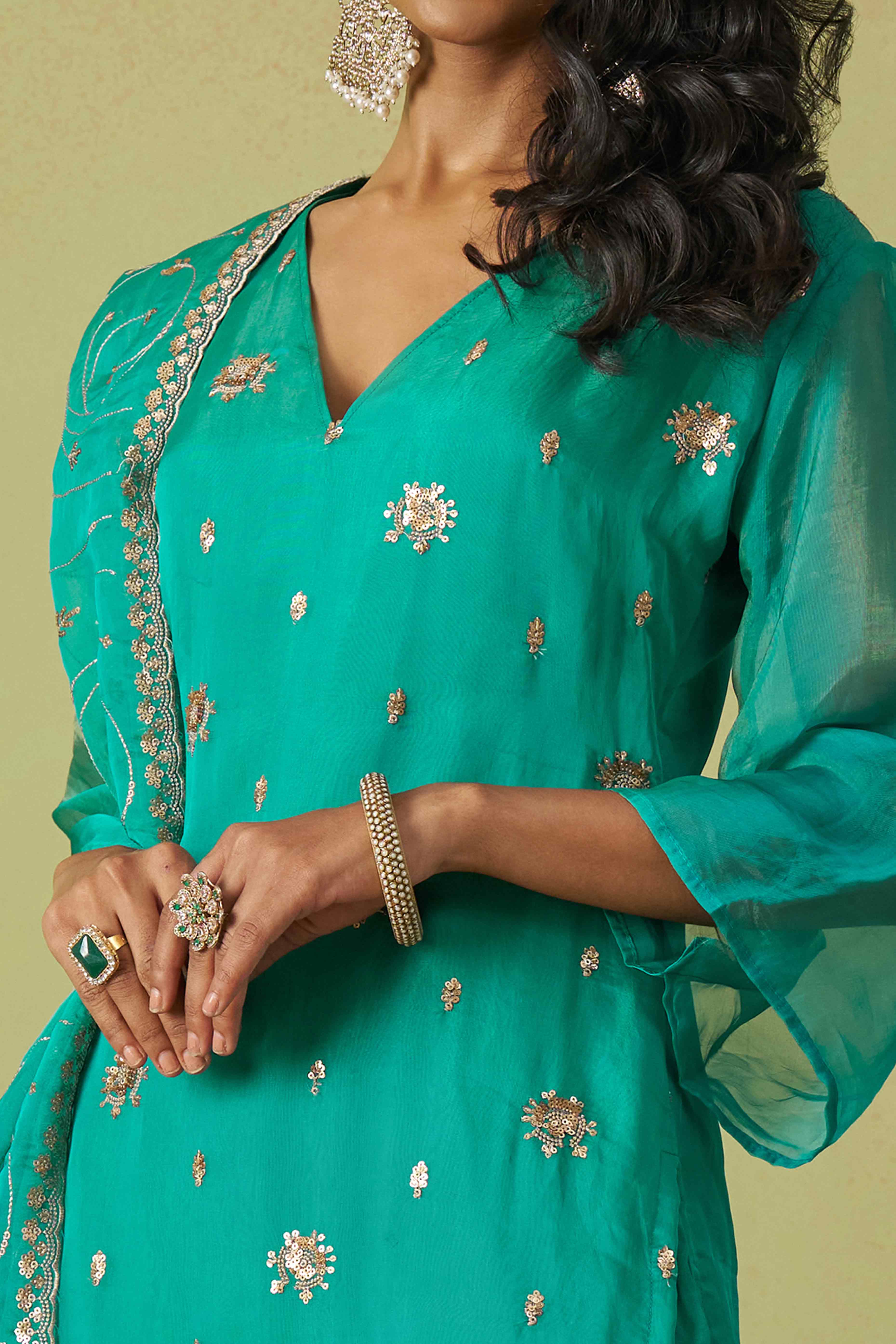 Turquoise Sequins Embroidery With Stonework Organza Shimmer Semi Stitched Suit