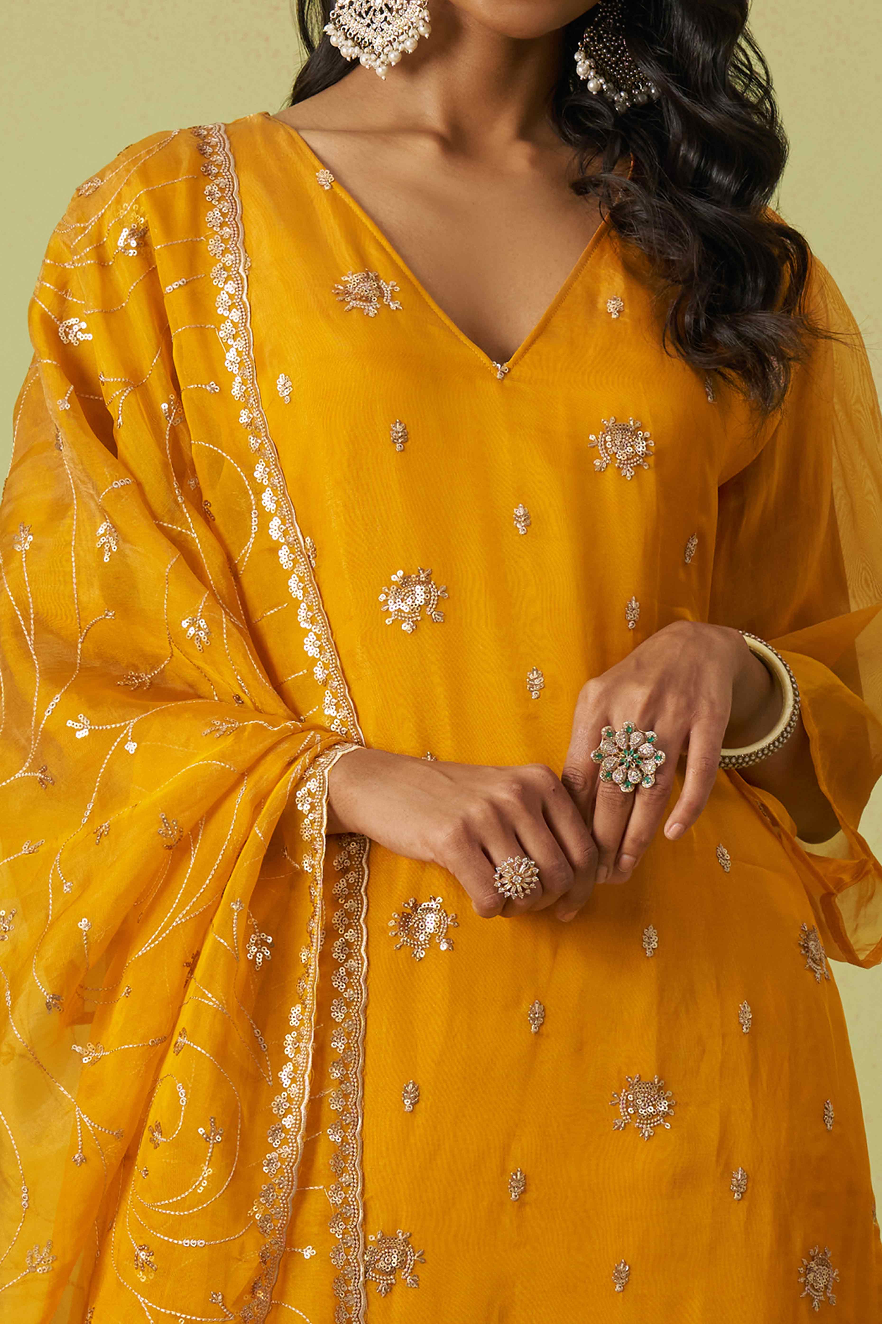 Mustard Sequins Embroidery With Stonework Organza Shimmer Semi Stitched Suit