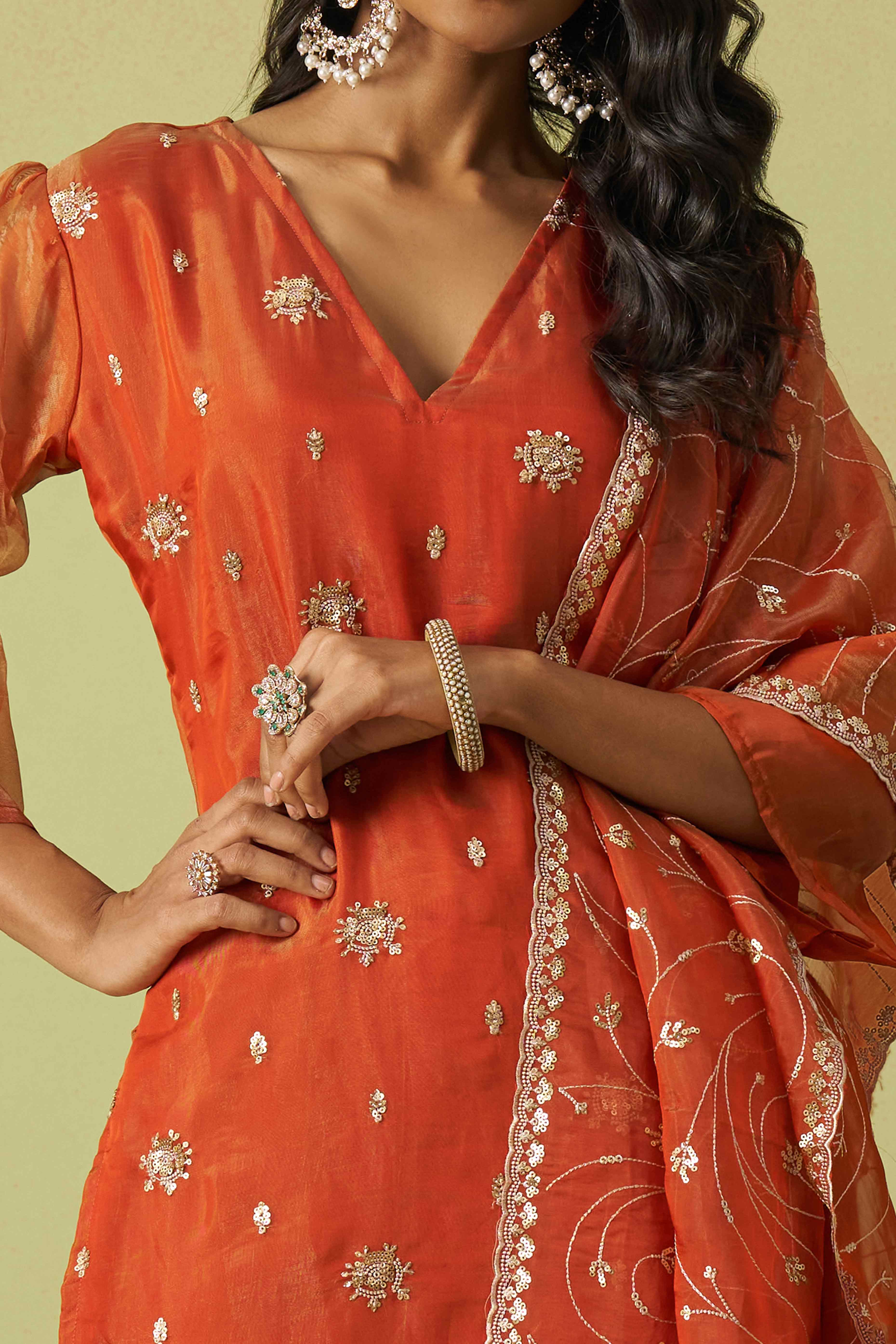 Rust Orange Sequins Embroidery With Stonework Organza Shimmer Semi Stitched Suit