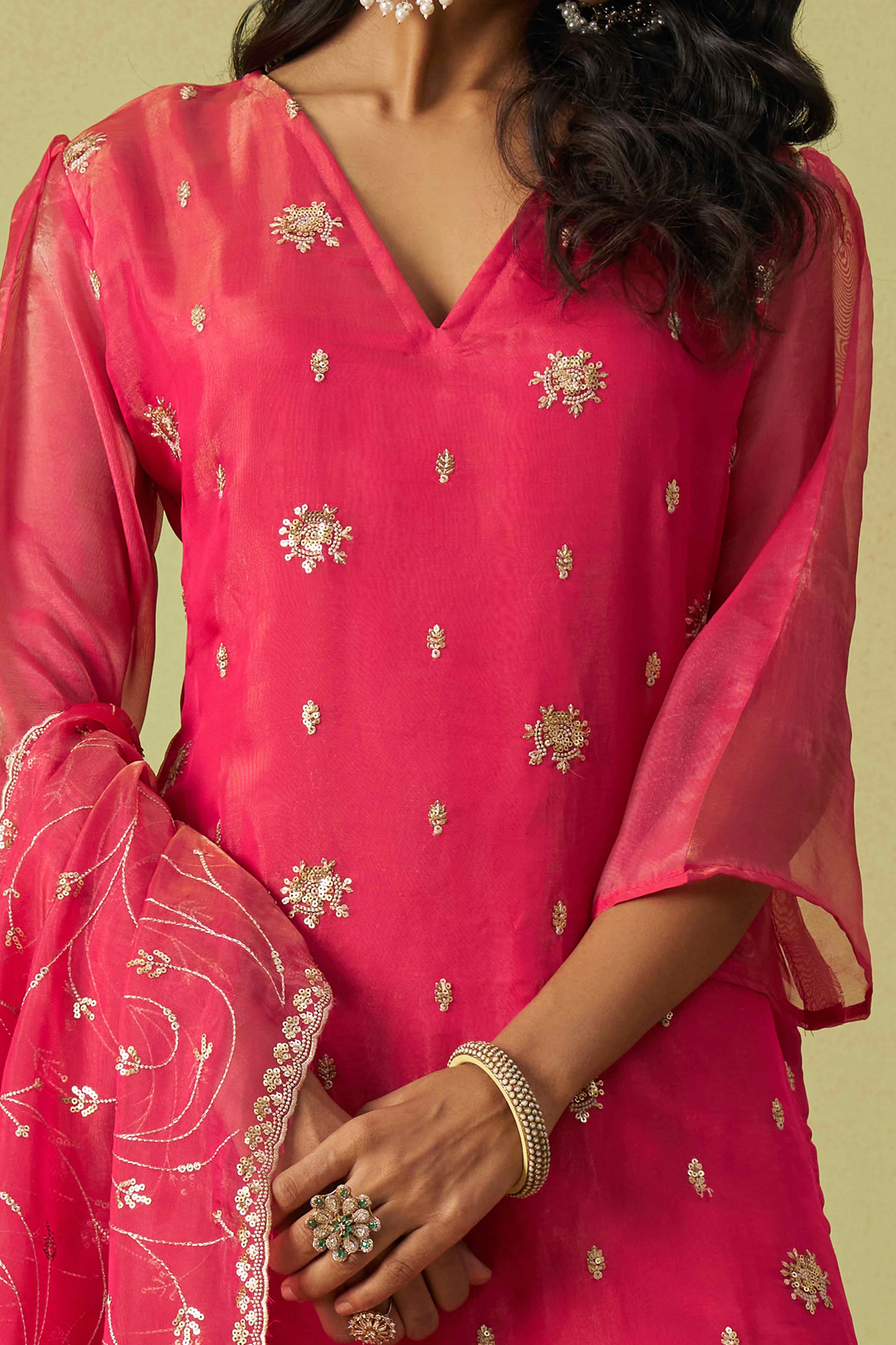 Pink Sequins Embroidery With Stonework Organza Shimmer Semi Stitched Suit