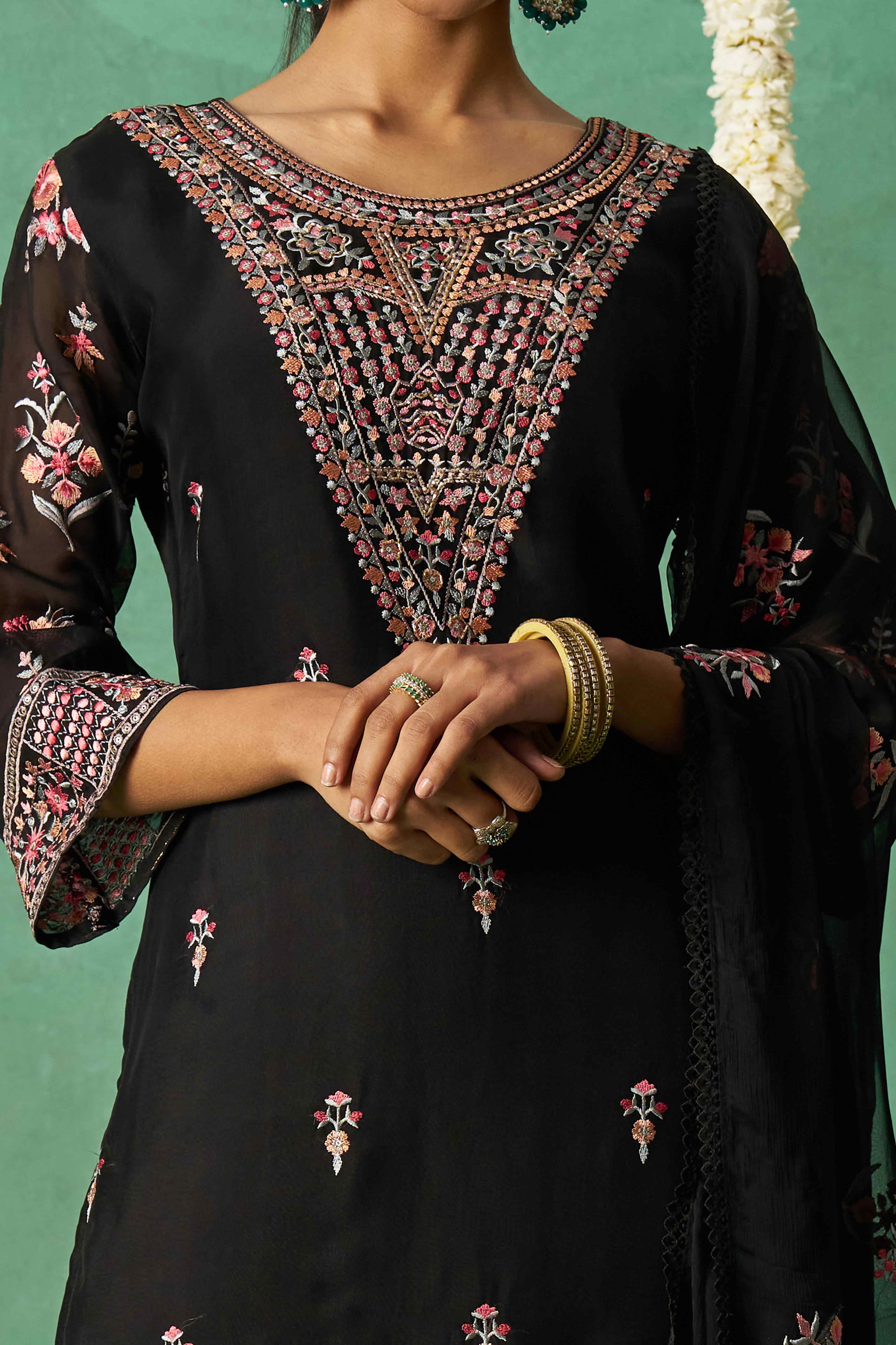Black Floral Sequins Embroidered Organza Semi Stitched Suit