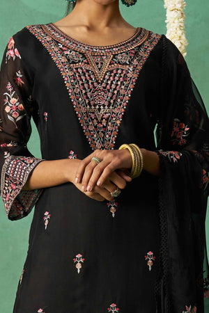 Black Floral Sequins Embroidered Organza Semi Stitched Suit