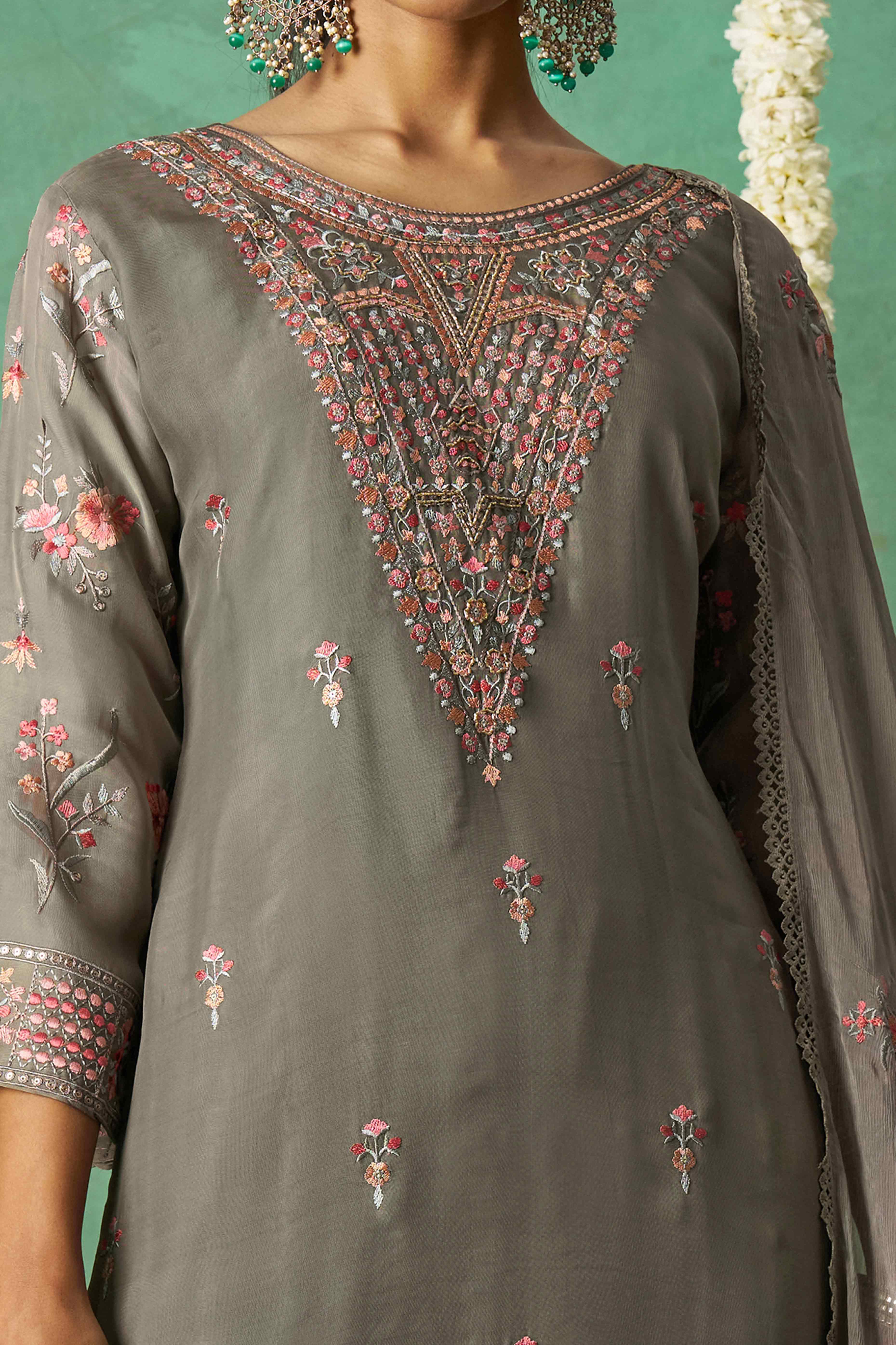 Grey Floral Sequins Embroidered Organza Semi Stitched Suit