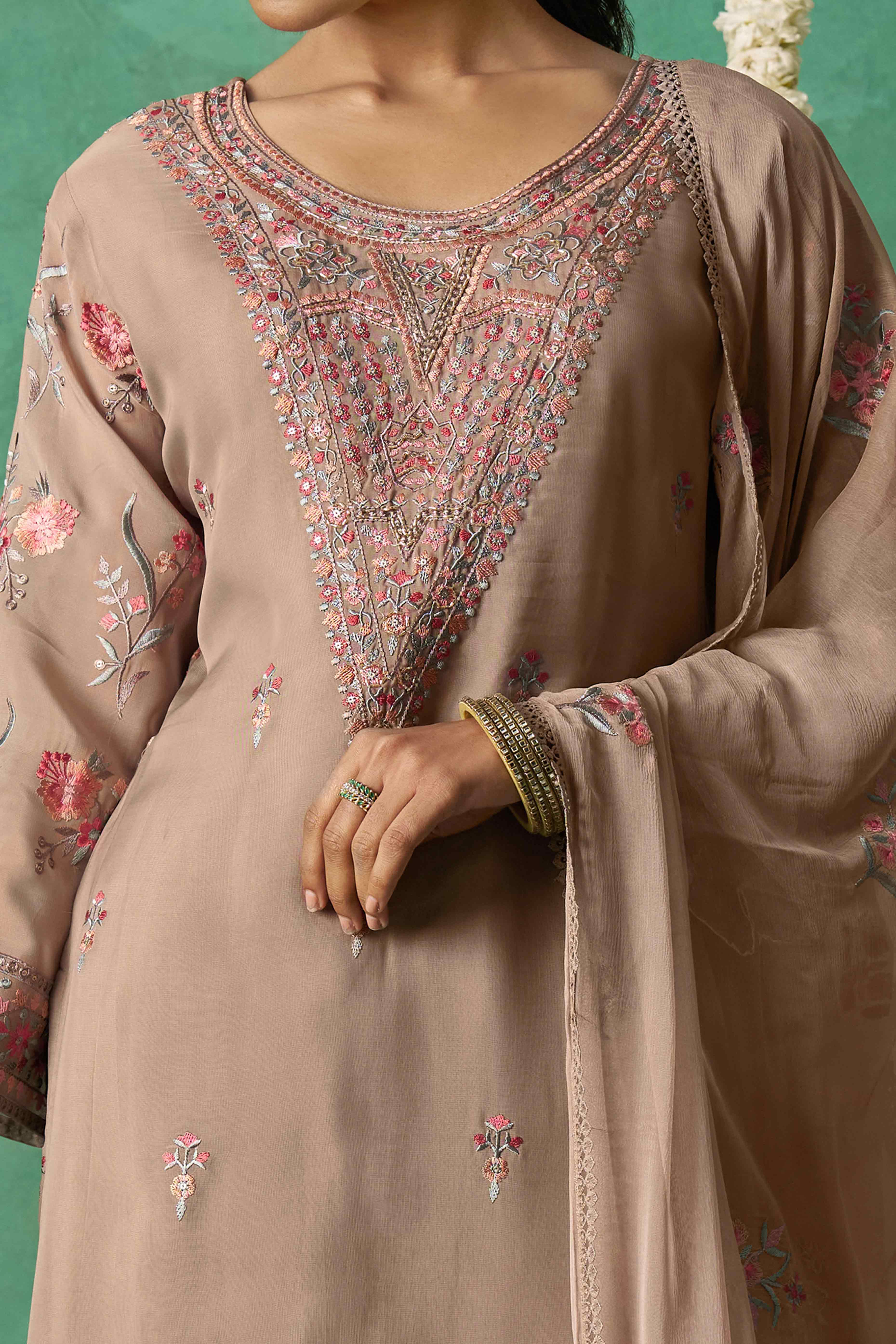 Chikoo Floral Sequins Embroidered Organza Semi Stitched Suit