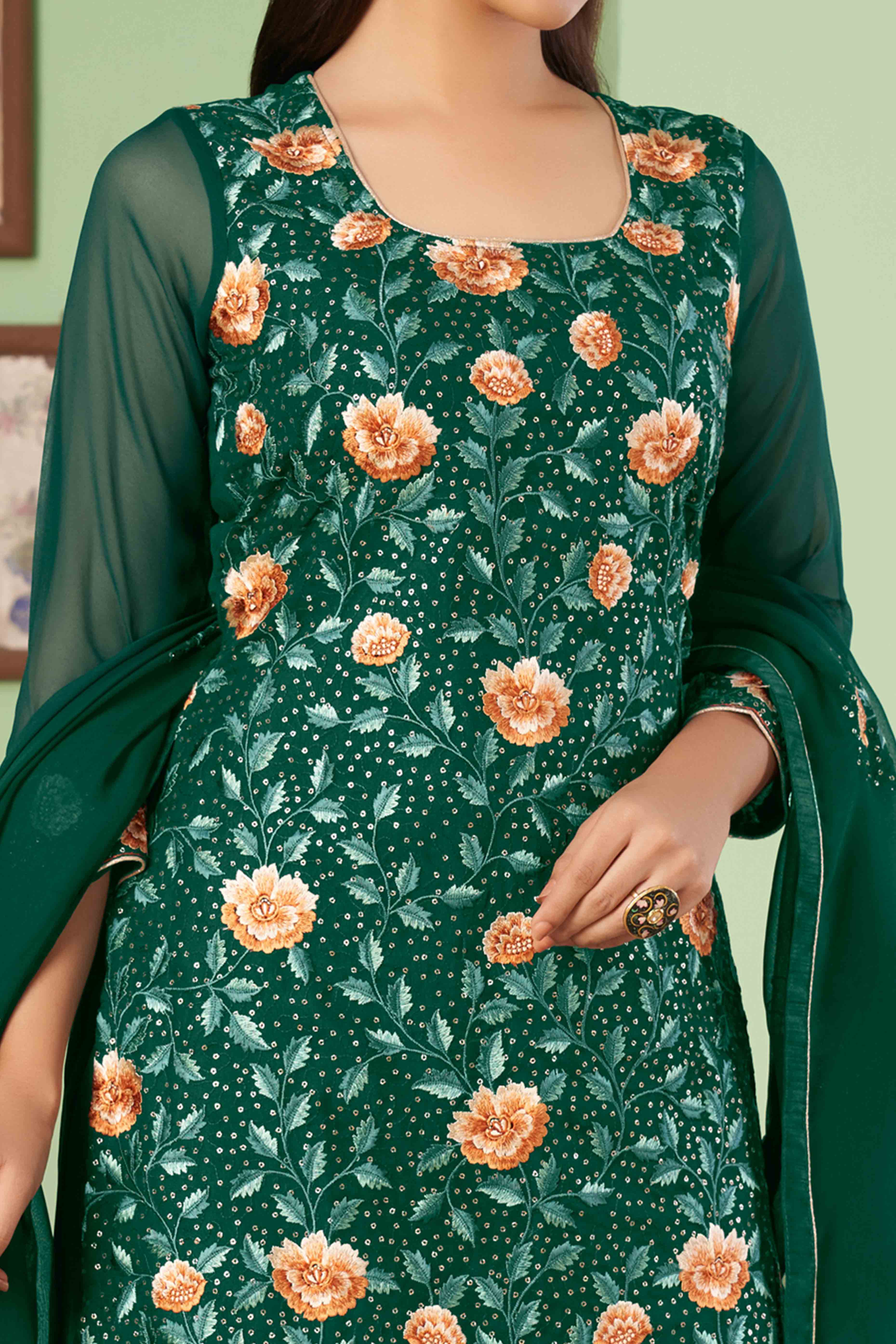 Green Floral Sequins Embroidered Georgette Semi Stitched Suit