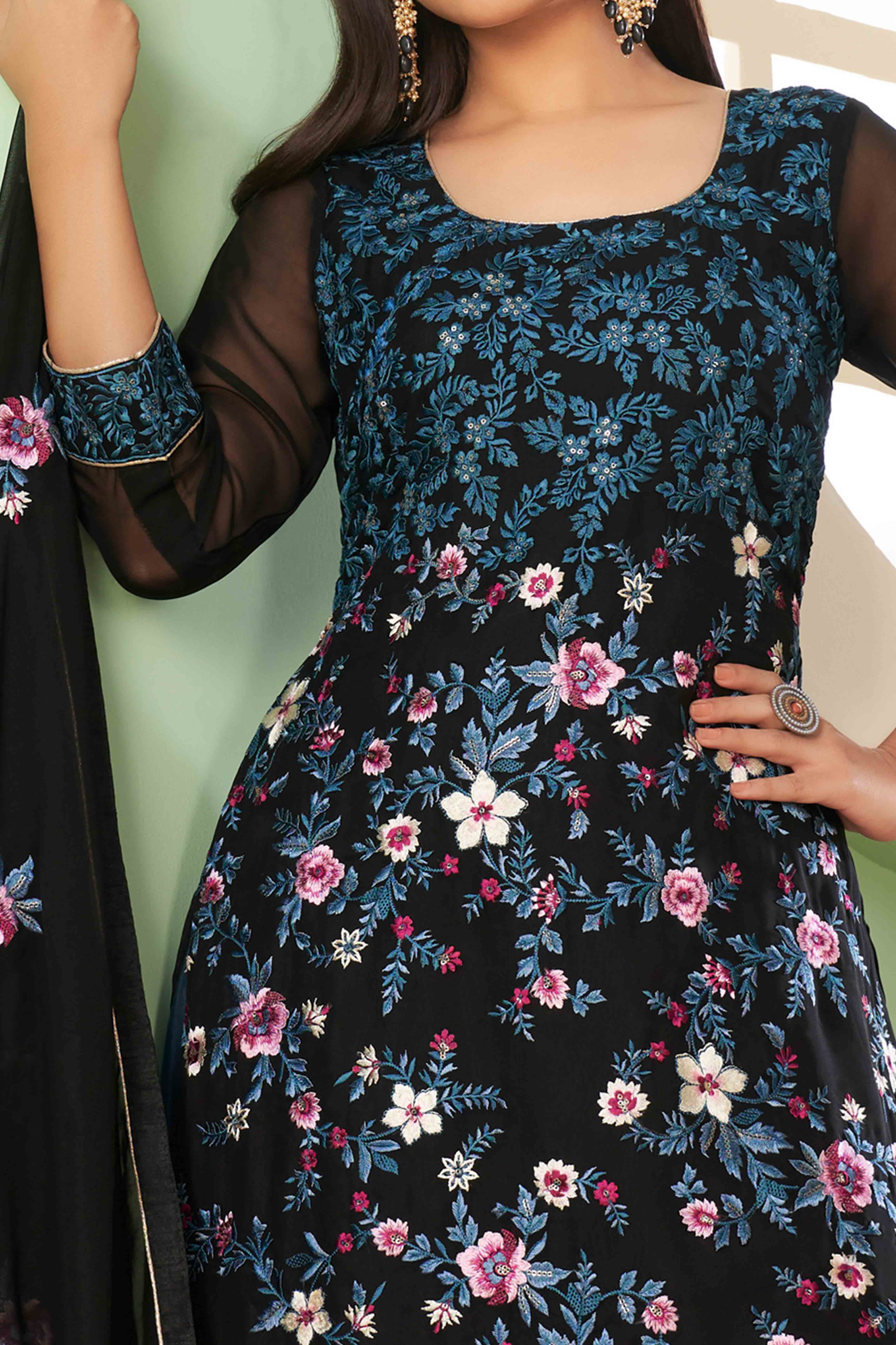 Black Floral Sequins Embroidered Georgette Semi Stitched Suit