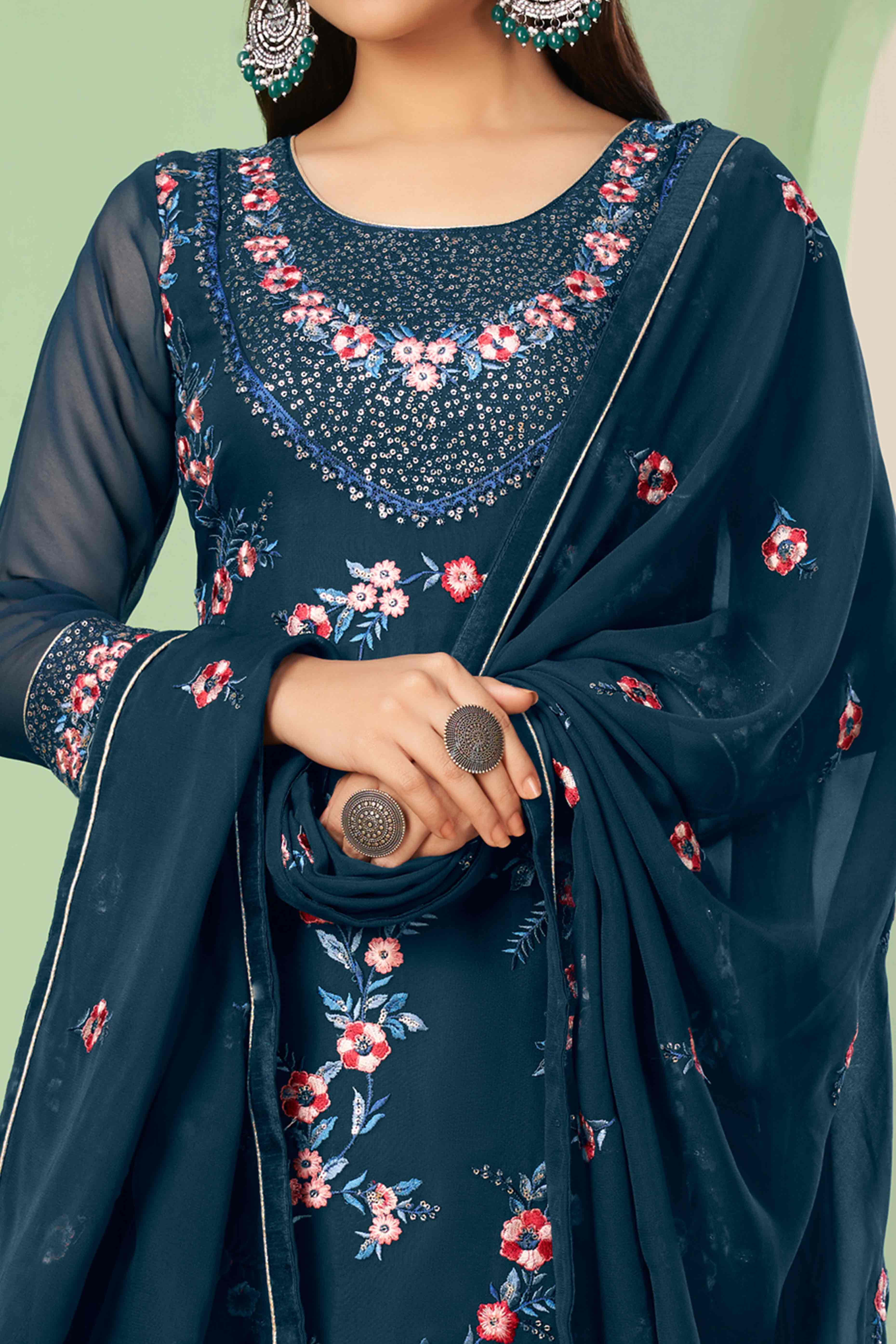 Blue Floral Sequins Embroidered Georgette Semi Stitched Suit
