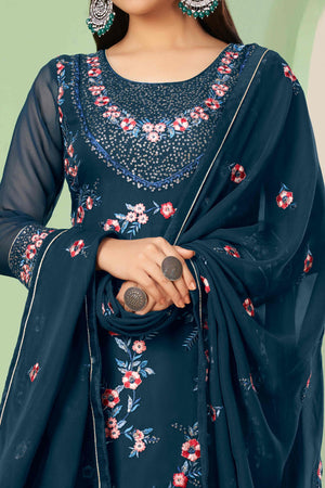 Blue Floral Sequins Embroidered Georgette Semi Stitched Suit