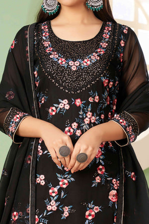 Black Floral Sequins Embroidered Georgette Semi Stitched Suit