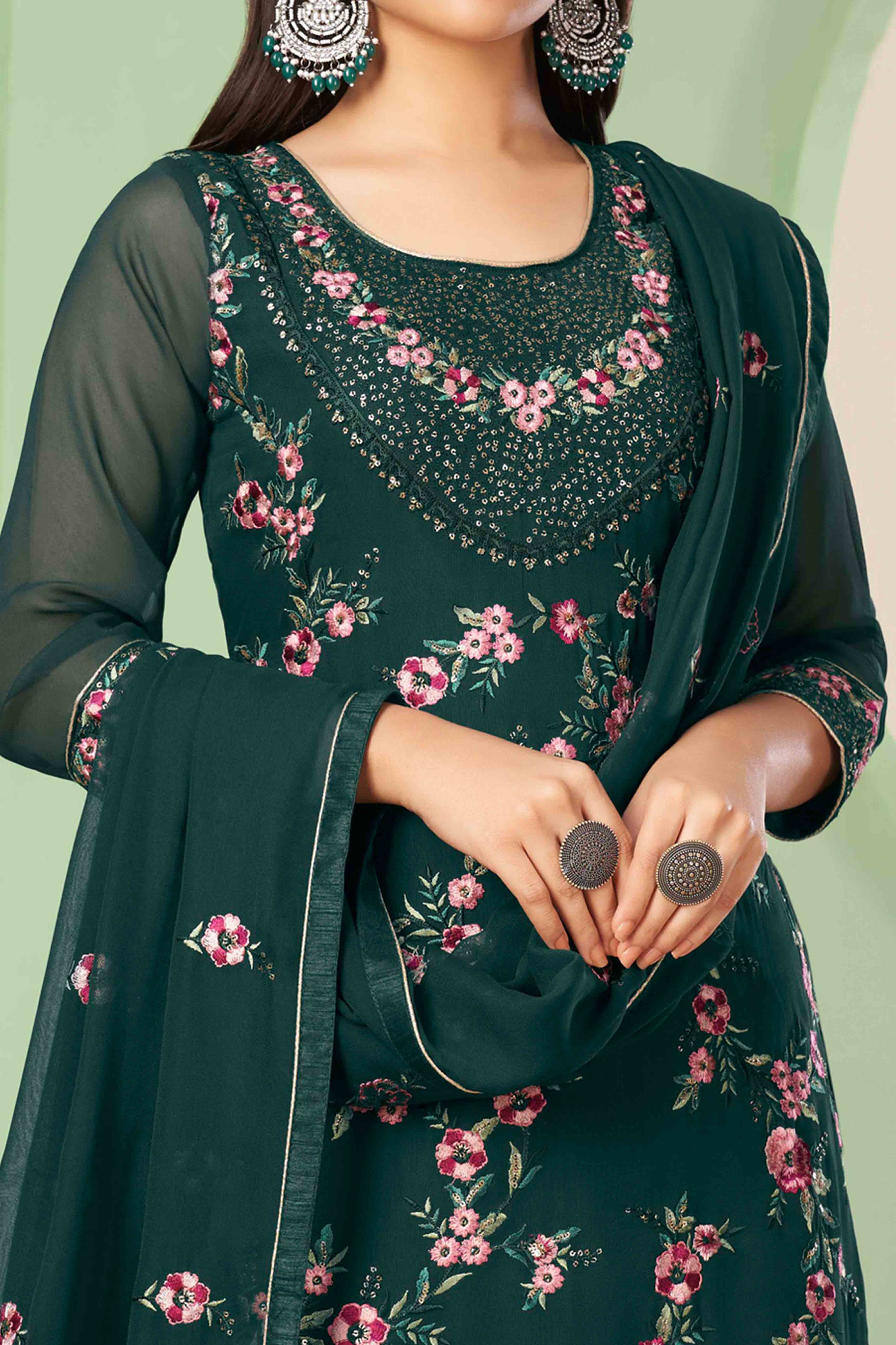 Green Floral Sequins Embroidered Georgette Semi Stitched Suit