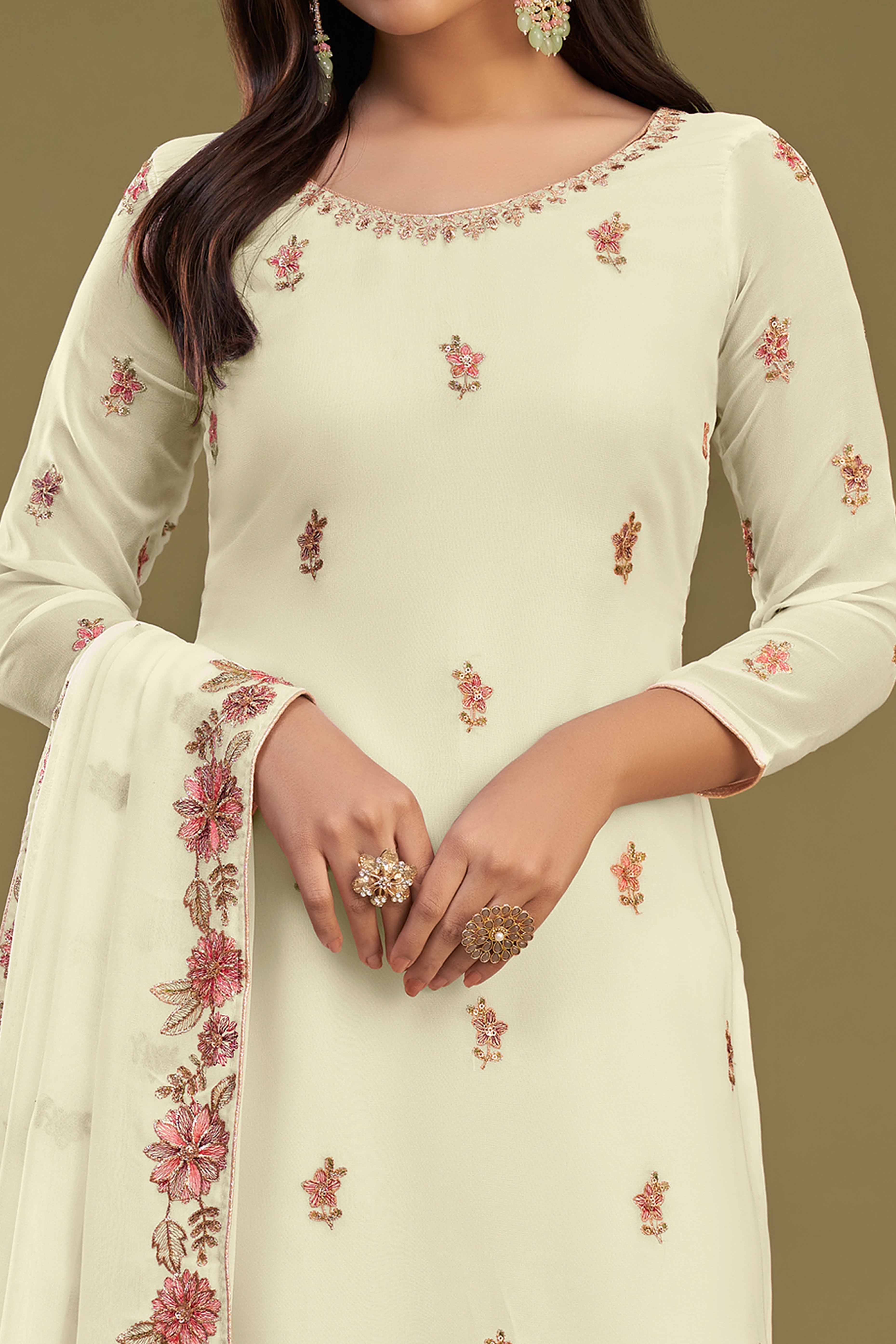 Light Yellow Floral Sequins Embroidered Georgette Semi Stitched Sharara Suit