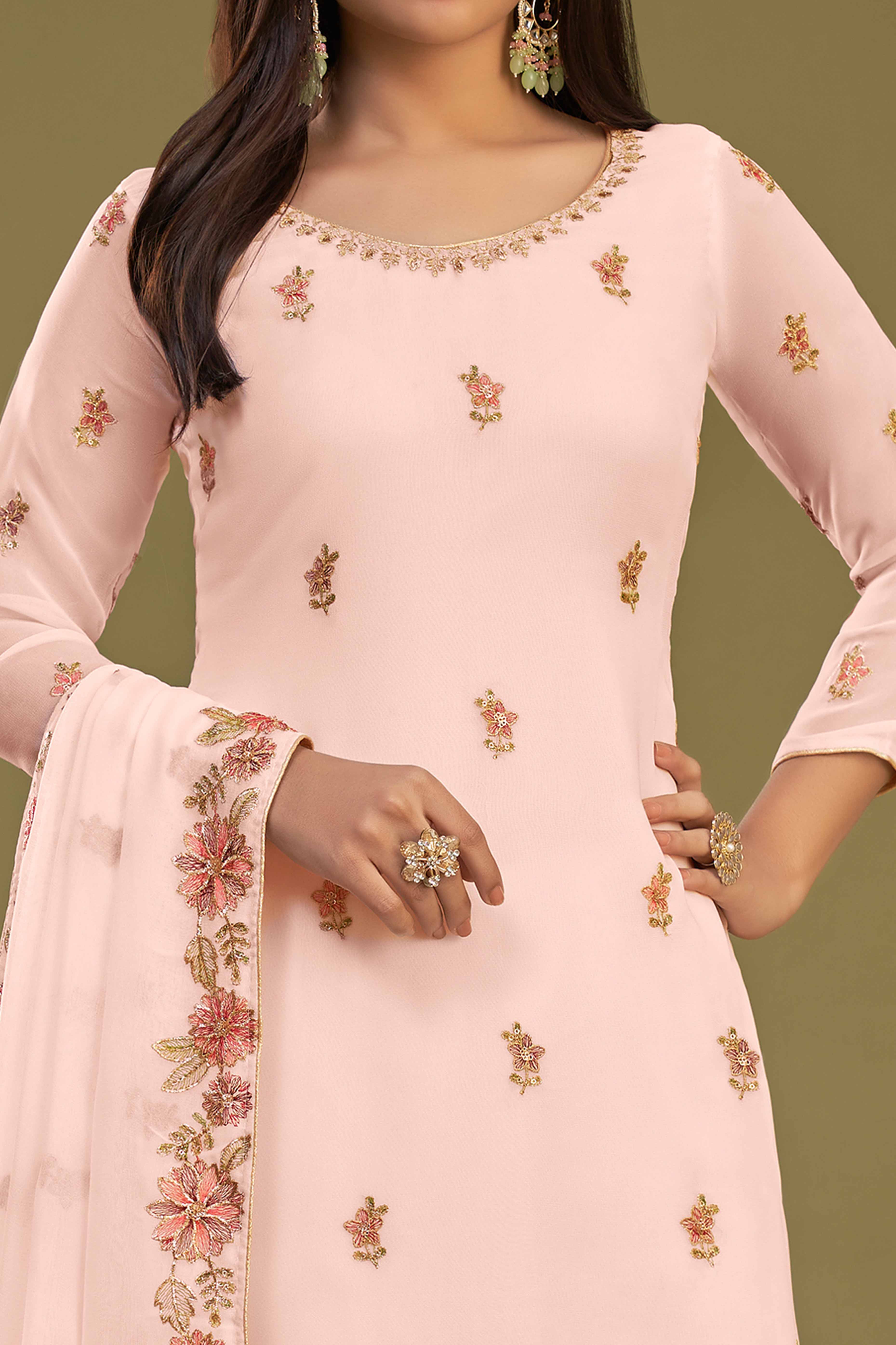 Peach Floral Sequins Embroidered Georgette Semi Stitched Sharara Suit