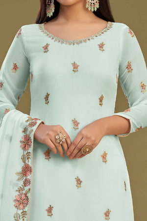 Blue Floral Sequins Embroidered Georgette Semi Stitched Sharara Suit