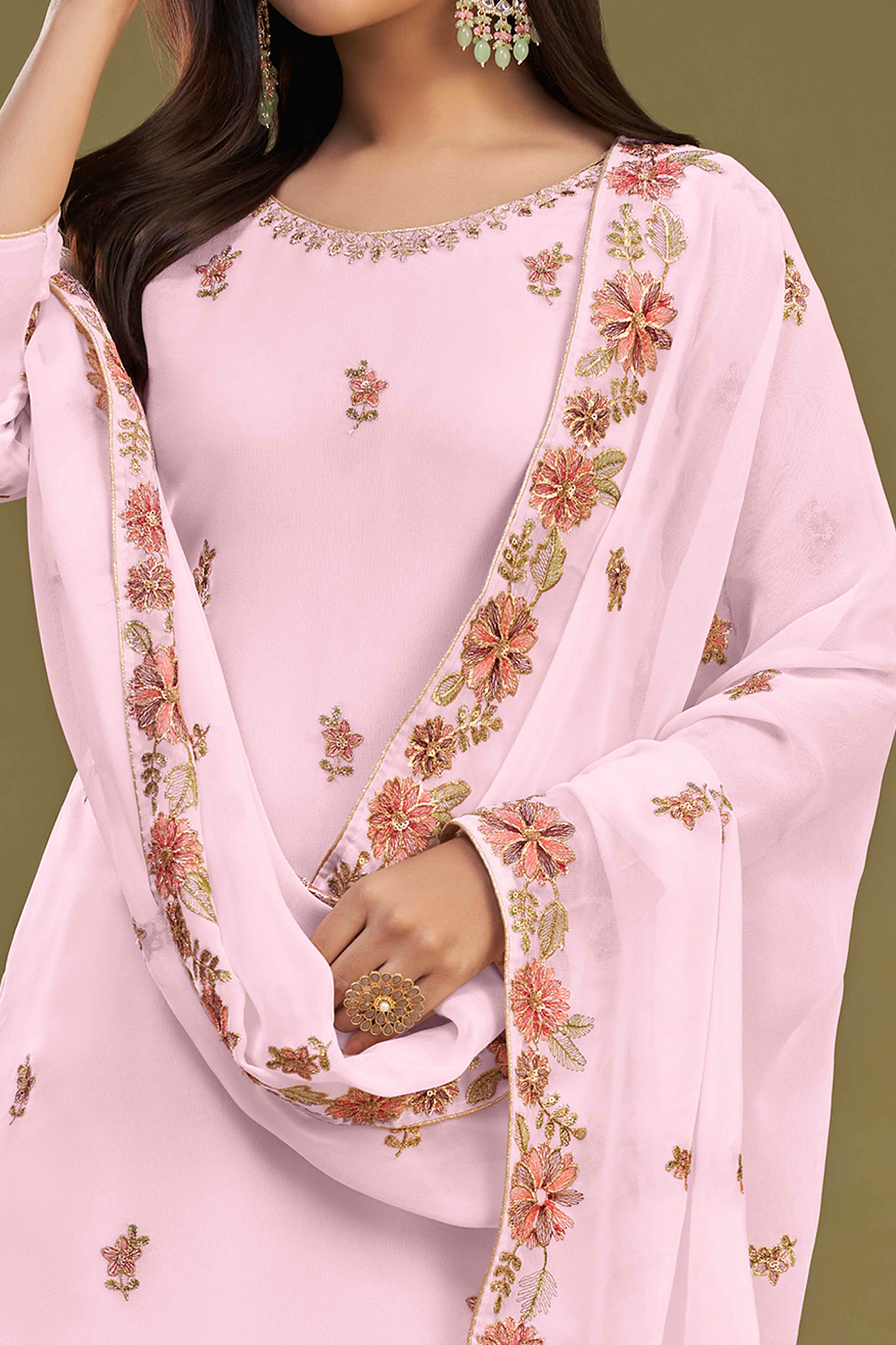 Pink Floral Sequins Embroidered Georgette Semi Stitched Sharara Suit